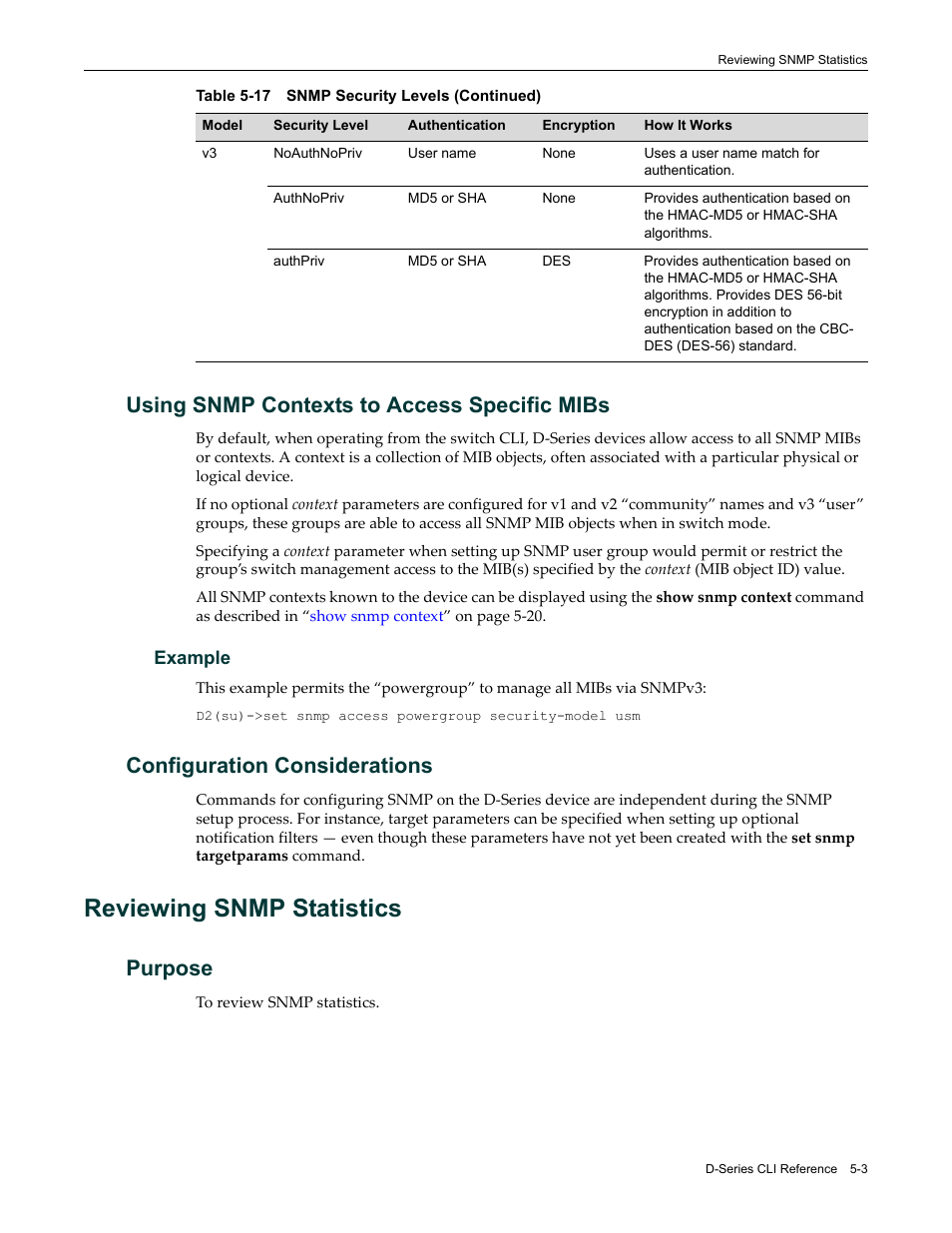 Using snmp contexts to access specific mibs, Example, Configuration considerations | Reviewing snmp statistics, Purpose, Reviewing snmp statistics -3, Purpose -3 | Enterasys Networks Enterasys D2 D2G124-12P User Manual | Page 157 / 496