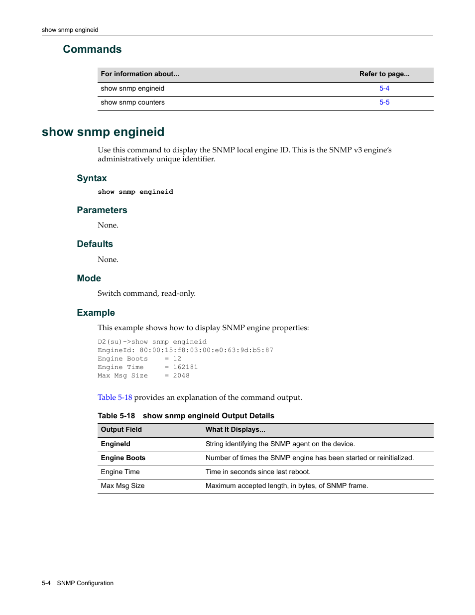 Commands, Show snmp engineid, Commands -4 | Show snmp engineid -4, Show snmp engineid output details -4 | Enterasys Networks Enterasys D2 D2G124-12P User Manual | Page 158 / 496