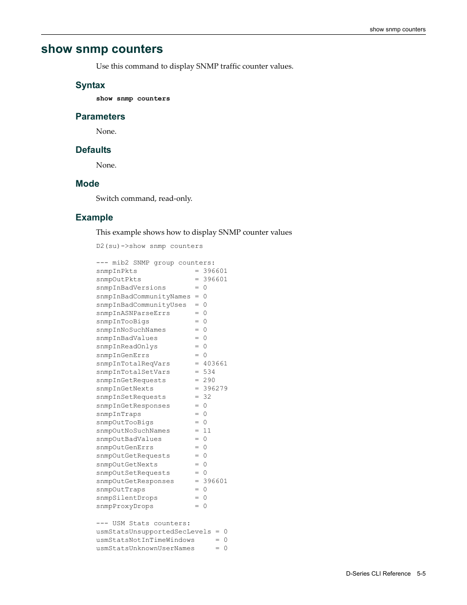 Show snmp counters, Show snmp counters -5 | Enterasys Networks Enterasys D2 D2G124-12P User Manual | Page 159 / 496