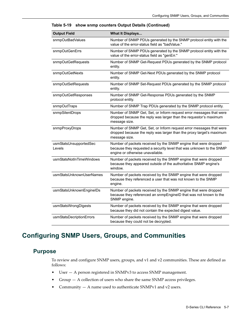 Configuring snmp users, groups, and communities, Purpose, Configuring snmp users, groups, and communities -7 | Purpose -7 | Enterasys Networks Enterasys D2 D2G124-12P User Manual | Page 161 / 496