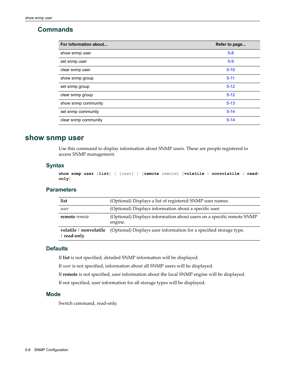 Commands, Show snmp user, Commands -8 | Show snmp user -8 | Enterasys Networks Enterasys D2 D2G124-12P User Manual | Page 162 / 496