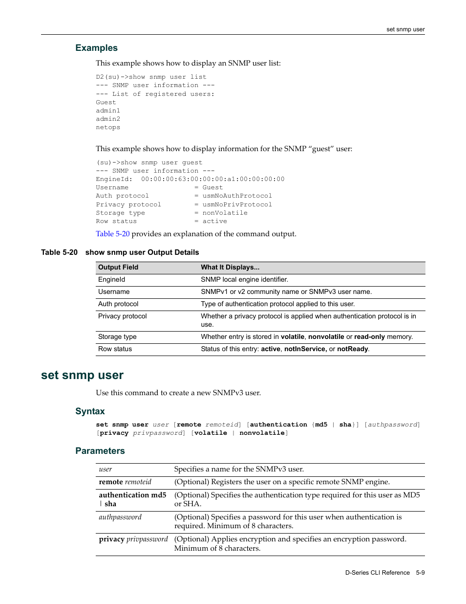 Set snmp user, Set snmp user -9, Show snmp user output details -9 | Enterasys Networks Enterasys D2 D2G124-12P User Manual | Page 163 / 496