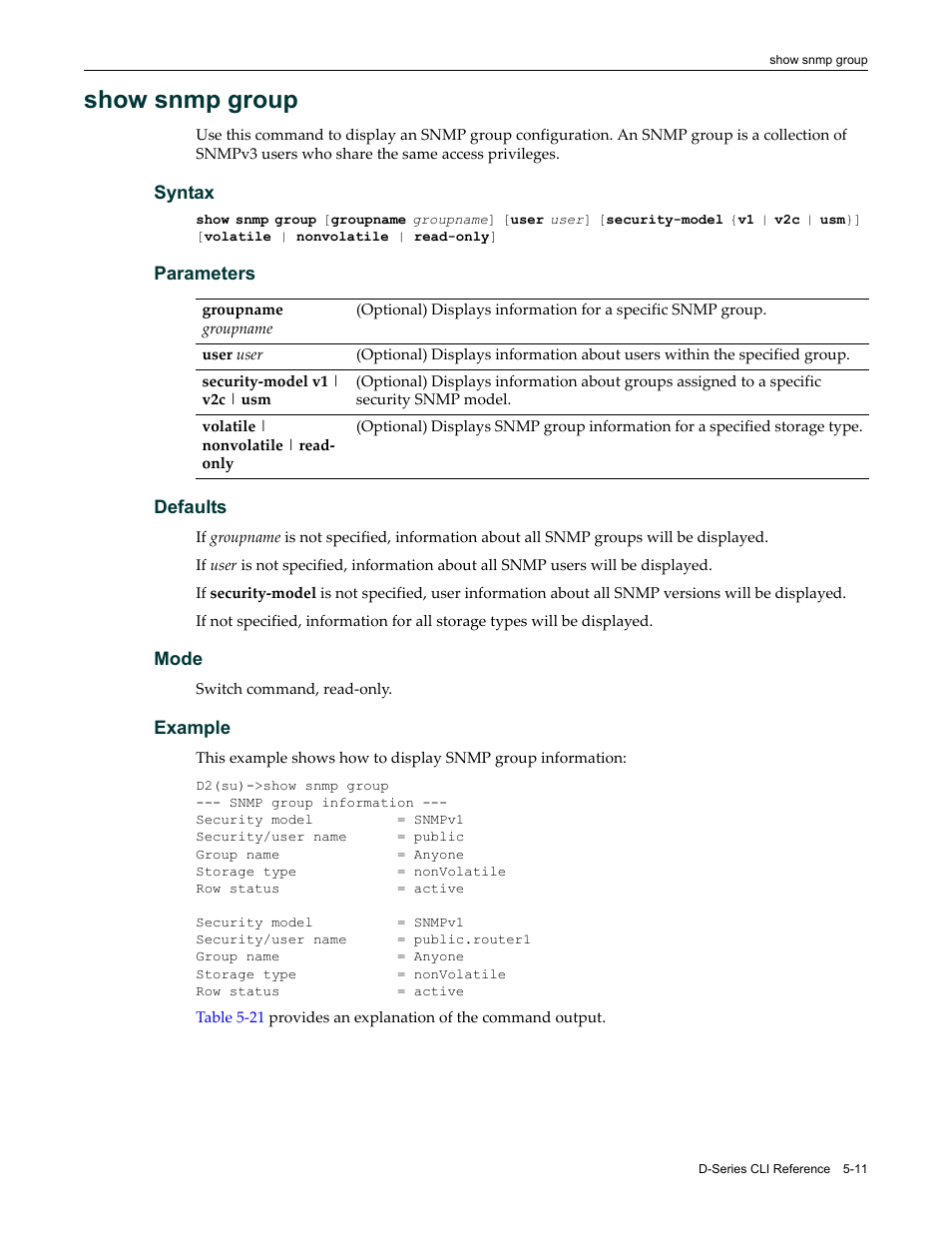 Show snmp group, Show snmp group -11 | Enterasys Networks Enterasys D2 D2G124-12P User Manual | Page 165 / 496