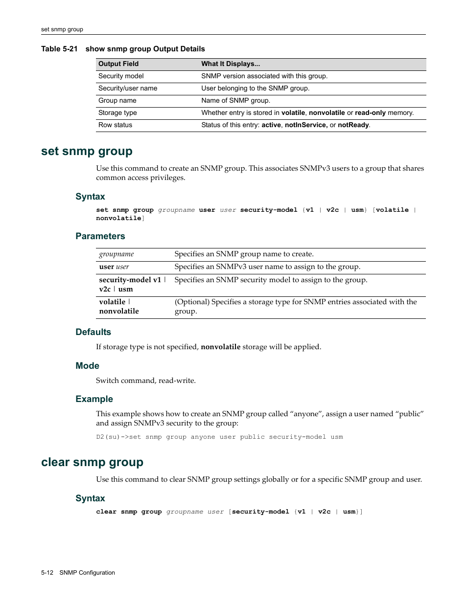 Set snmp group, Clear snmp group, Set snmp group -12 clear snmp group -12 | Show snmp group output details -12 | Enterasys Networks Enterasys D2 D2G124-12P User Manual | Page 166 / 496