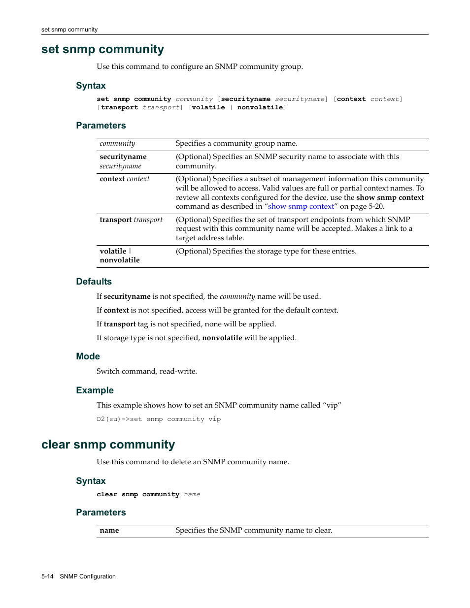 Set snmp community, Clear snmp community, Set snmp community -14 | Clear snmp community -14 | Enterasys Networks Enterasys D2 D2G124-12P User Manual | Page 168 / 496