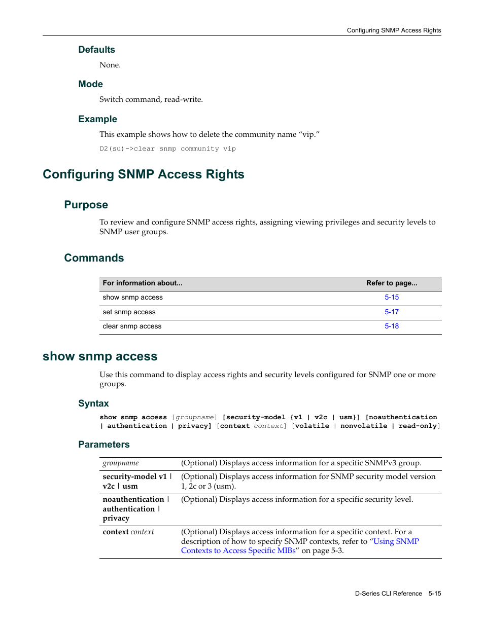 Configuring snmp access rights, Purpose, Commands | Show snmp access, Configuring snmp access rights -15, Purpose -15 commands -15, Show snmp access -15 | Enterasys Networks Enterasys D2 D2G124-12P User Manual | Page 169 / 496