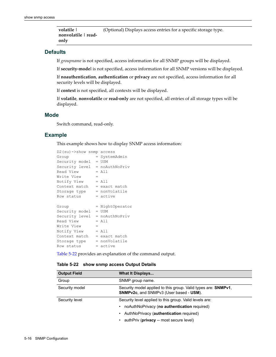 Show snmp access output details -16 | Enterasys Networks Enterasys D2 D2G124-12P User Manual | Page 170 / 496