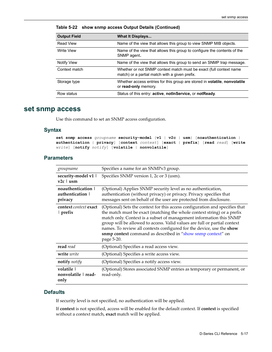 Set snmp access, Set snmp access -17 | Enterasys Networks Enterasys D2 D2G124-12P User Manual | Page 171 / 496