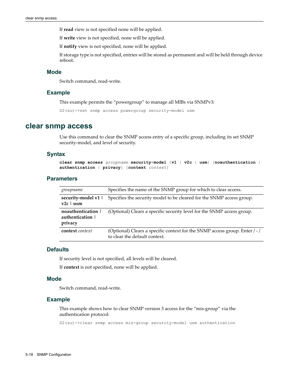 Clear snmp access, Clear snmp access -18 | Enterasys Networks Enterasys D2 D2G124-12P User Manual | Page 172 / 496