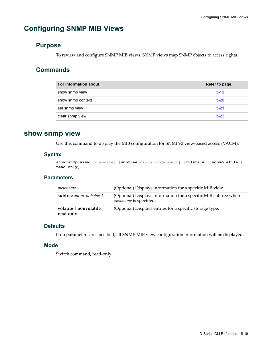 Configuring snmp mib views, Purpose, Commands | Show snmp view, Configuring snmp mib views -19, Purpose -19 commands -19, Show snmp view -19 | Enterasys Networks Enterasys D2 D2G124-12P User Manual | Page 173 / 496