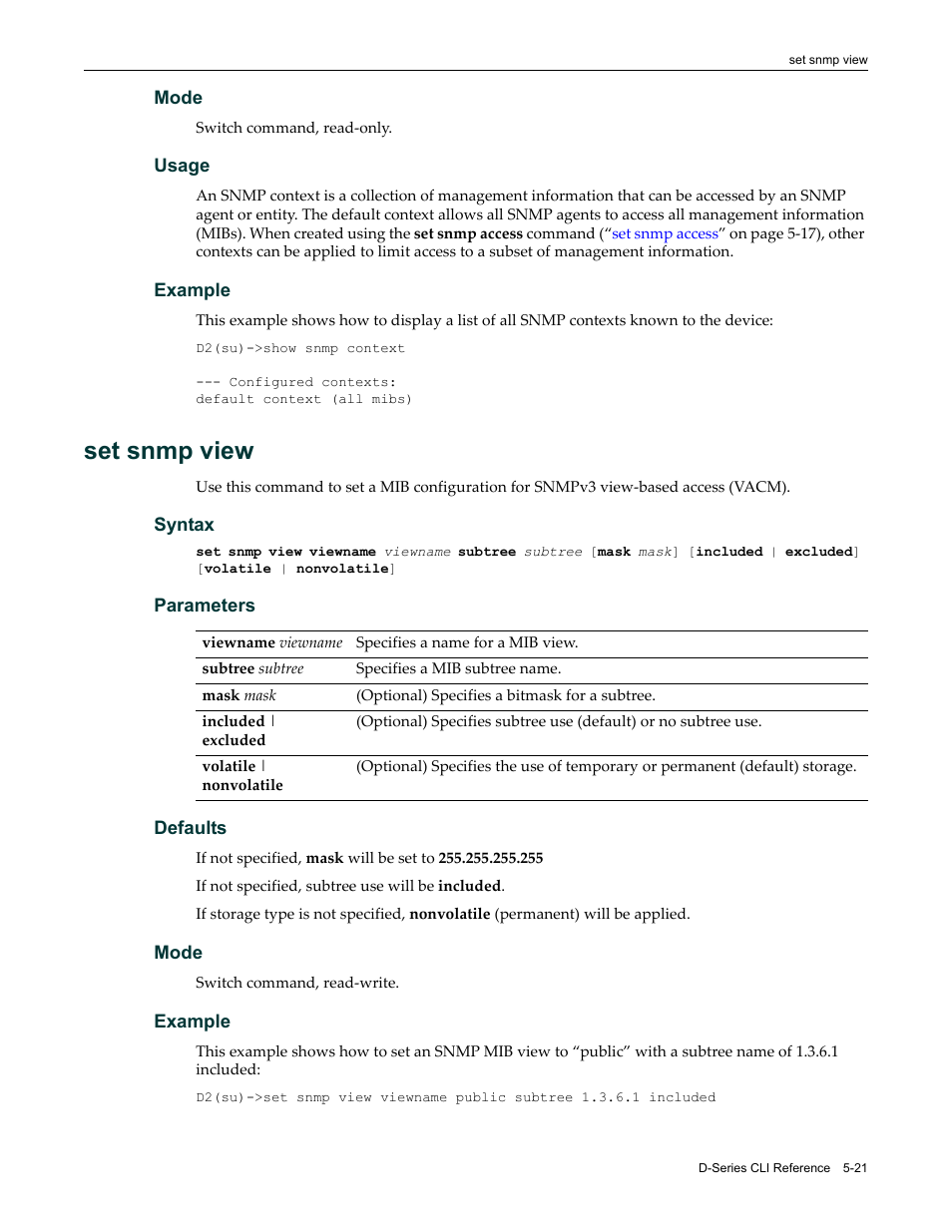 Set snmp view, Set snmp view -21 | Enterasys Networks Enterasys D2 D2G124-12P User Manual | Page 175 / 496