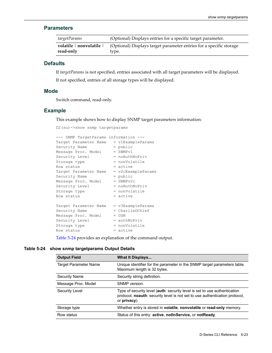 Show snmp targetparams output details -23 | Enterasys Networks Enterasys D2 D2G124-12P User Manual | Page 177 / 496