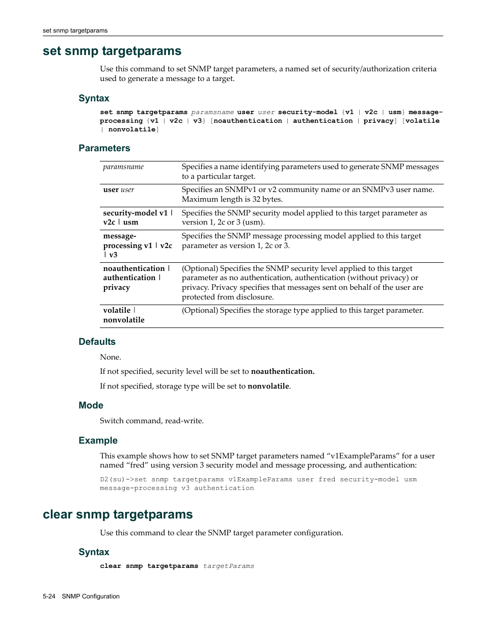 Set snmp targetparams, Clear snmp targetparams | Enterasys Networks Enterasys D2 D2G124-12P User Manual | Page 178 / 496