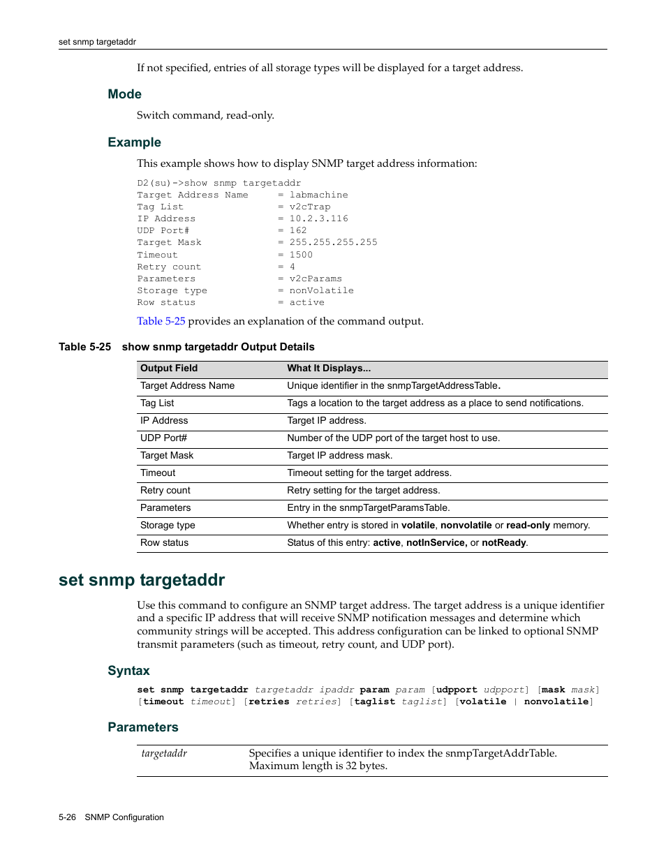 Set snmp targetaddr, Set snmp targetaddr -26, Show snmp targetaddr output details -26 | Enterasys Networks Enterasys D2 D2G124-12P User Manual | Page 180 / 496