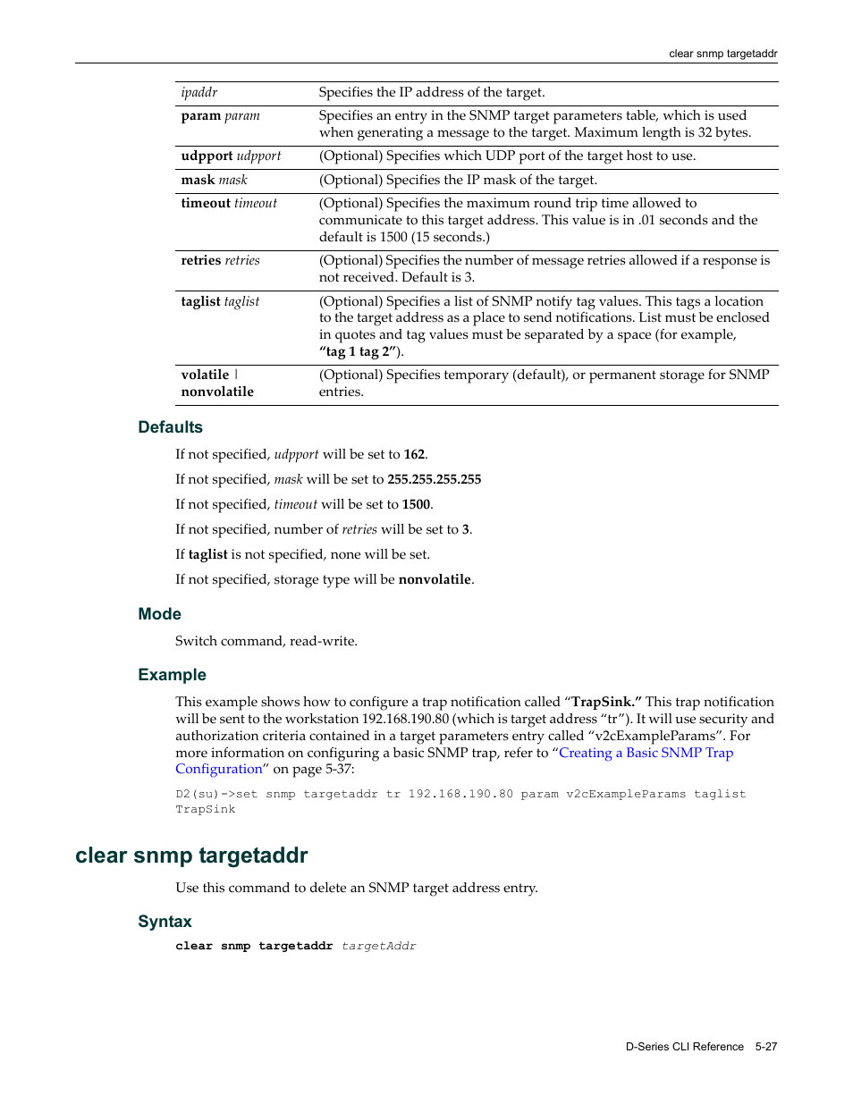 Clear snmp targetaddr, Clear snmp targetaddr -27 | Enterasys Networks Enterasys D2 D2G124-12P User Manual | Page 181 / 496