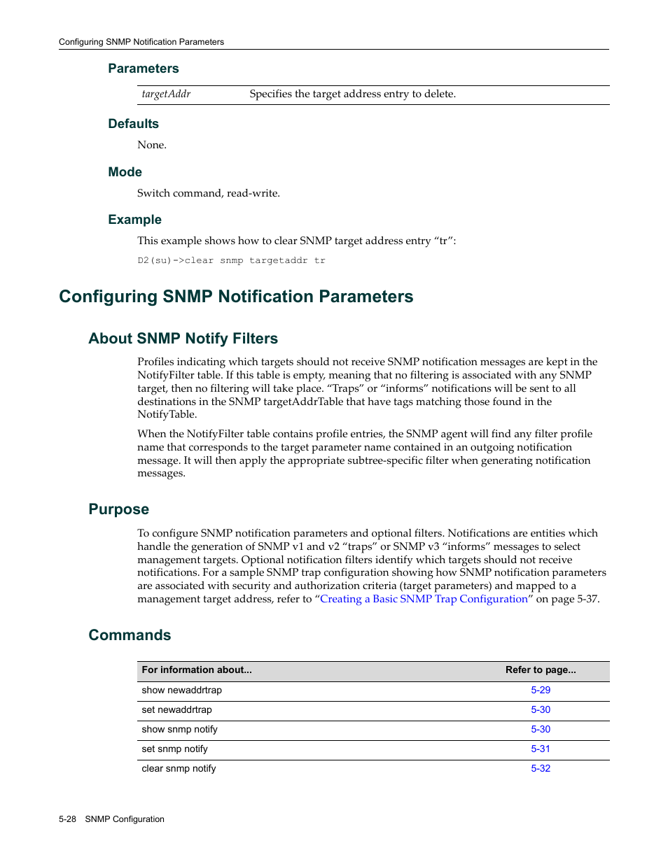 Configuring snmp notification parameters, About snmp notify filters, Purpose | Commands, Configuring snmp notification parameters -28 | Enterasys Networks Enterasys D2 D2G124-12P User Manual | Page 182 / 496