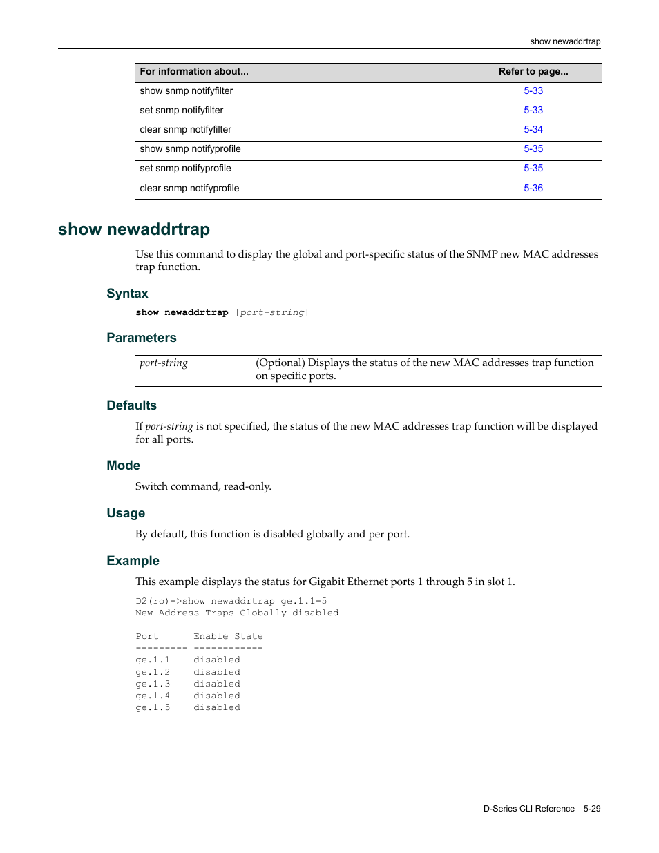 Show newaddrtrap, Show newaddrtrap -29 | Enterasys Networks Enterasys D2 D2G124-12P User Manual | Page 183 / 496