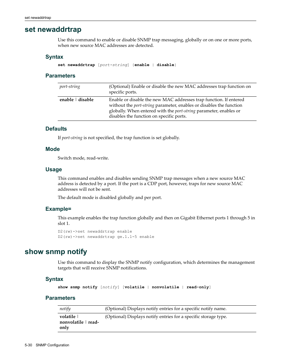 Set newaddrtrap, Show snmp notify, Set newaddrtrap -30 show snmp notify -30 | Enterasys Networks Enterasys D2 D2G124-12P User Manual | Page 184 / 496