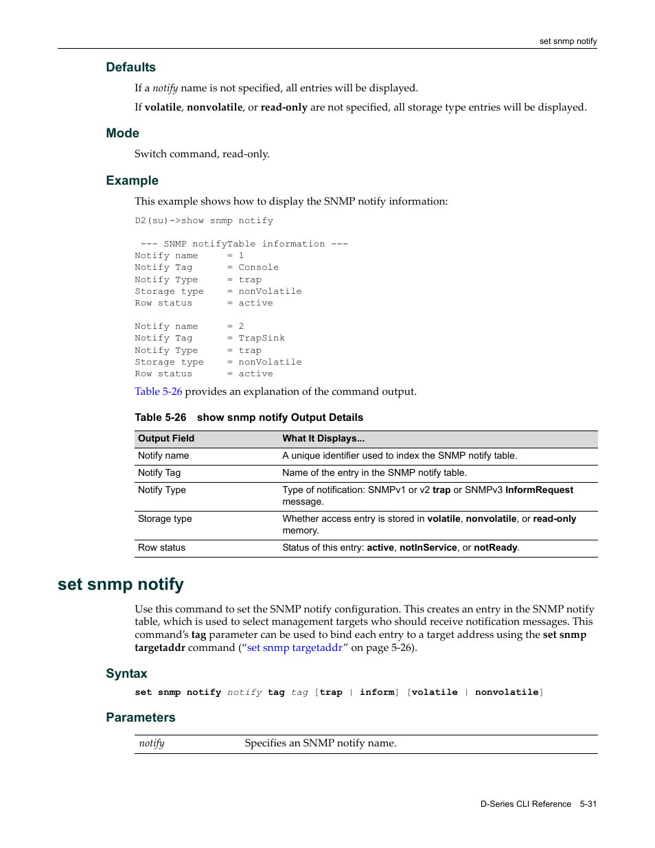 Set snmp notify, Set snmp notify -31, Show snmp notify output details -31 | Enterasys Networks Enterasys D2 D2G124-12P User Manual | Page 185 / 496