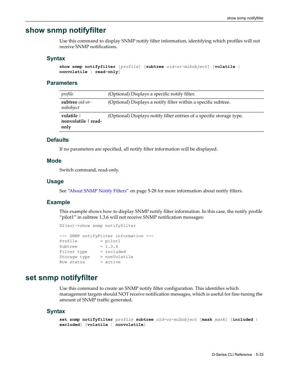 Show snmp notifyfilter, Set snmp notifyfilter | Enterasys Networks Enterasys D2 D2G124-12P User Manual | Page 187 / 496