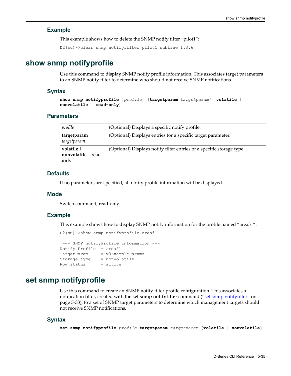 Show snmp notifyprofile, Set snmp notifyprofile | Enterasys Networks Enterasys D2 D2G124-12P User Manual | Page 189 / 496