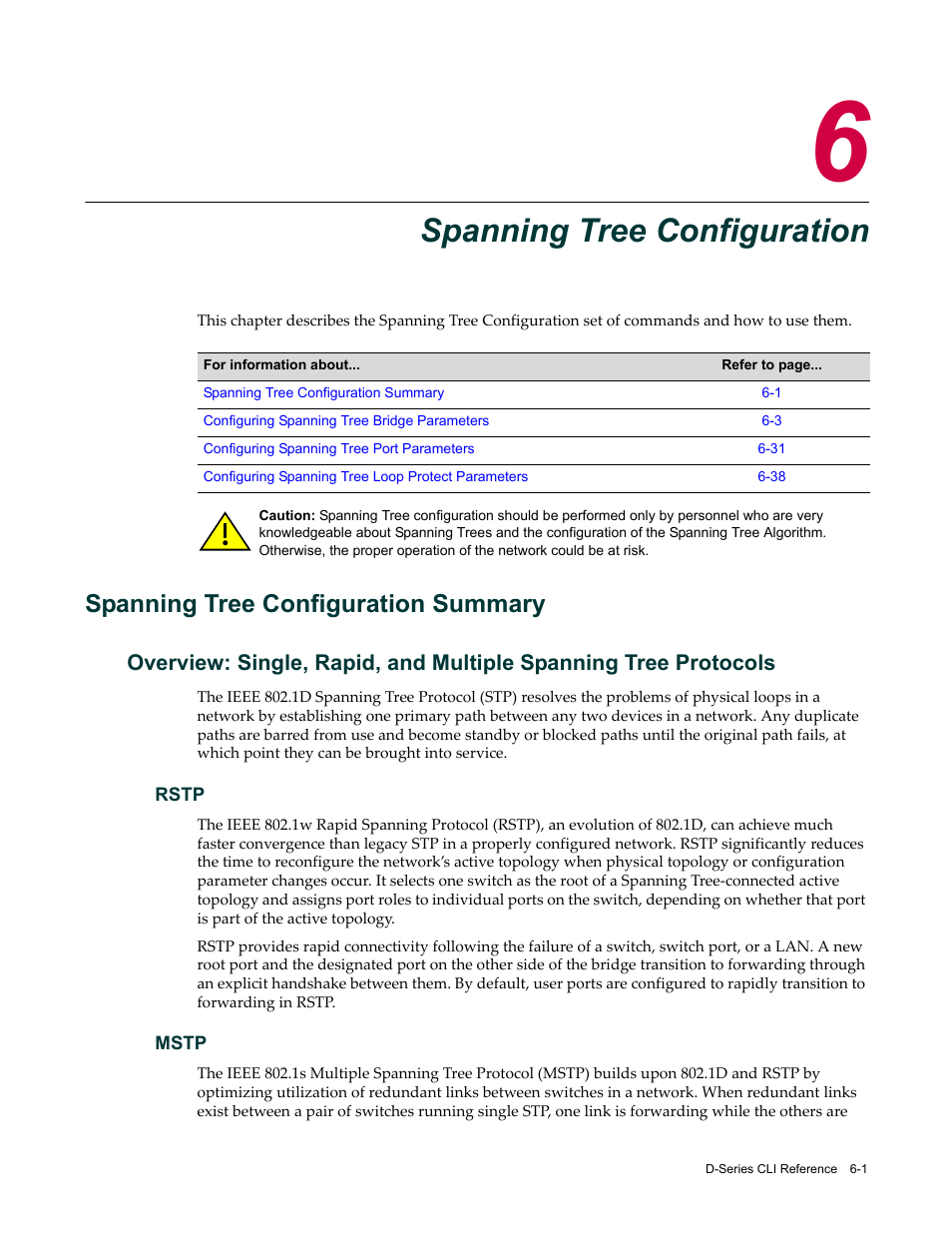 Spanning tree configuration, Spanning tree configuration summary, Rstp | Mstp, Chapter 6: spanning tree configuration, Spanning tree configuration summary -1, Chapter 6 | Enterasys Networks Enterasys D2 D2G124-12P User Manual | Page 193 / 496