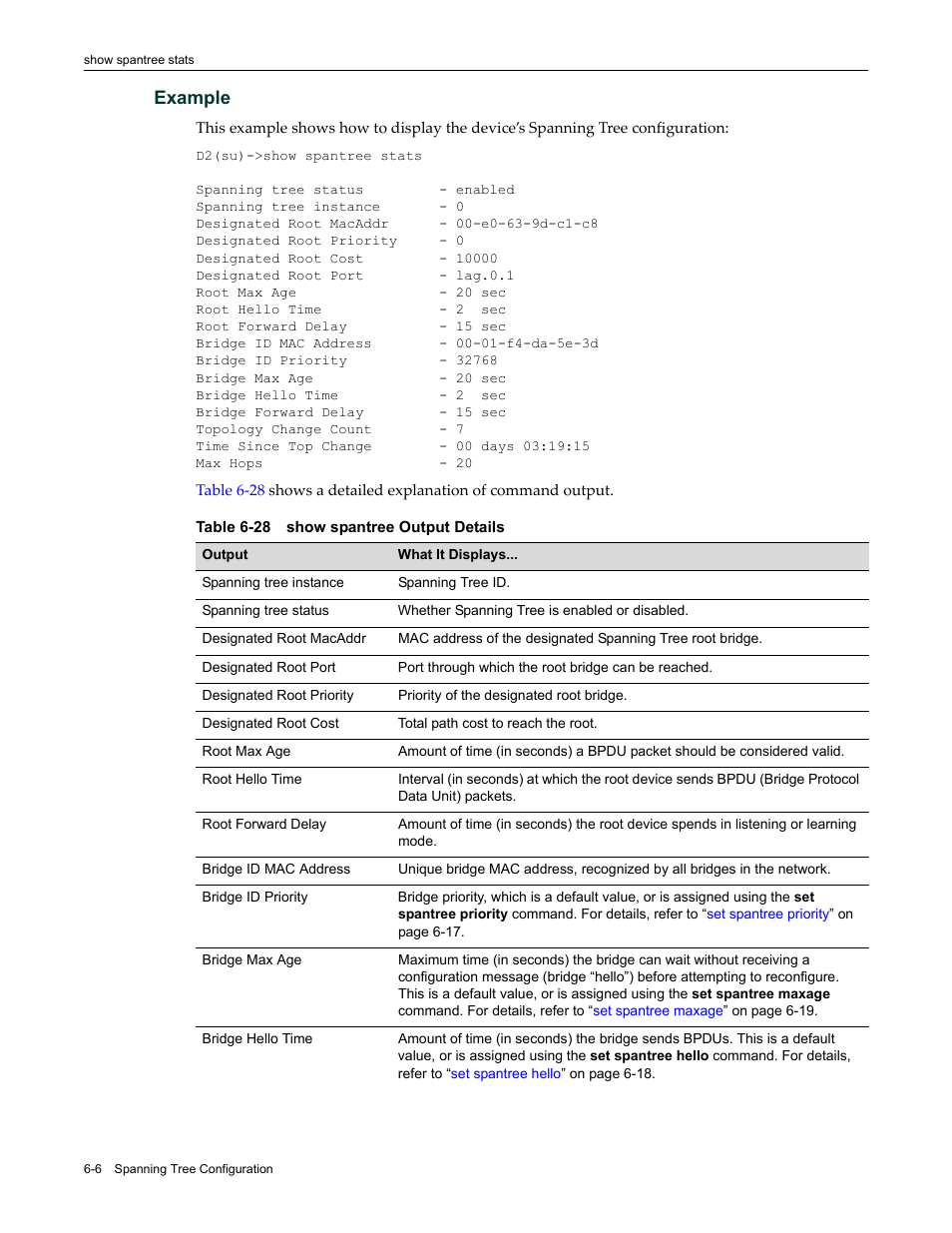 Show spantree output details -6, Example | Enterasys Networks Enterasys D2 D2G124-12P User Manual | Page 198 / 496