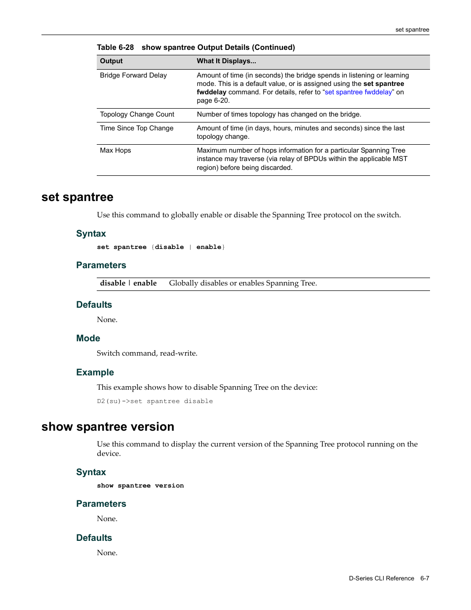 Set spantree, Show spantree version, Set spantree -7 show spantree version -7 | Enterasys Networks Enterasys D2 D2G124-12P User Manual | Page 199 / 496