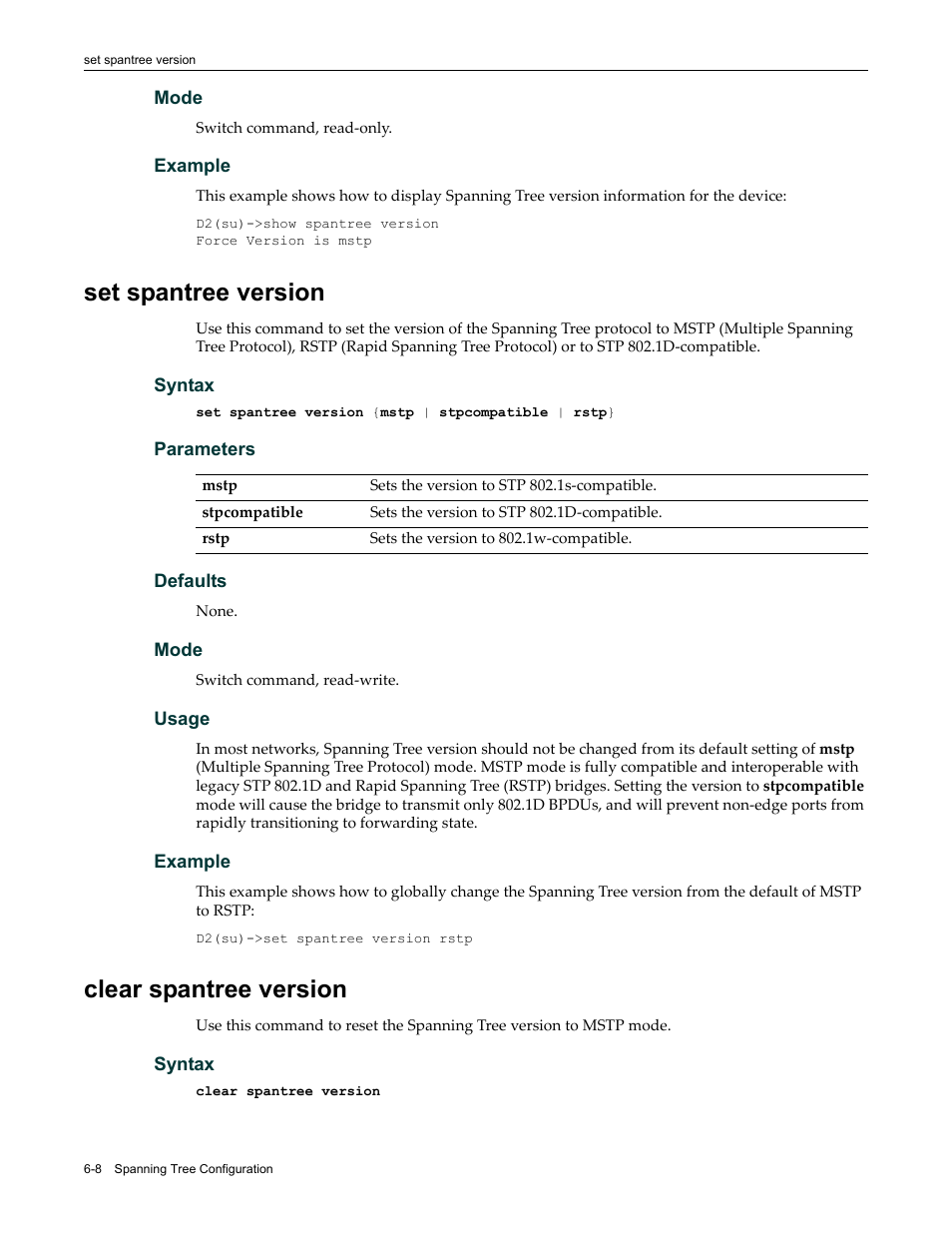 Set spantree version, Clear spantree version, Set spantree version -8 clear spantree version -8 | Enterasys Networks Enterasys D2 D2G124-12P User Manual | Page 200 / 496