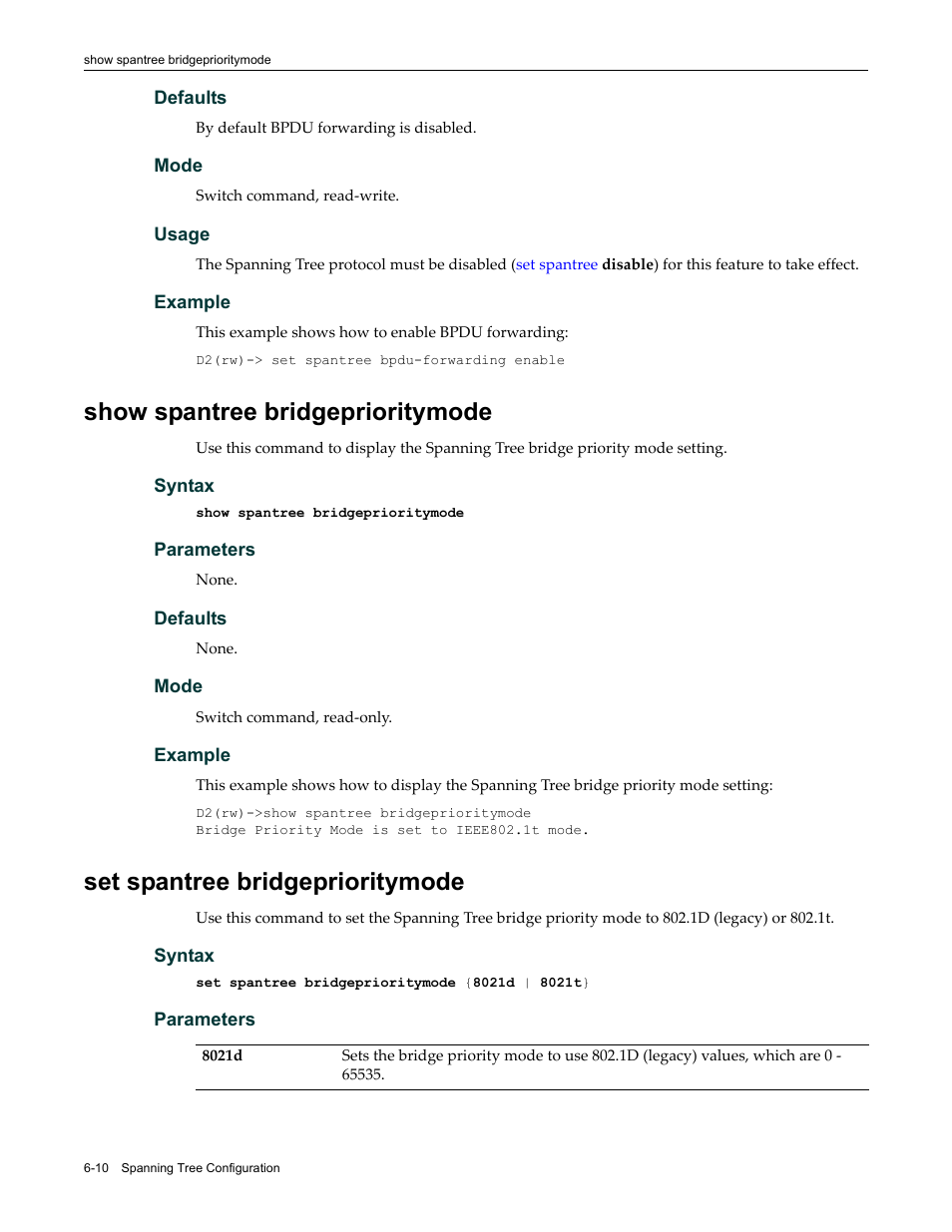 Show spantree bridgeprioritymode, Set spantree bridgeprioritymode | Enterasys Networks Enterasys D2 D2G124-12P User Manual | Page 202 / 496