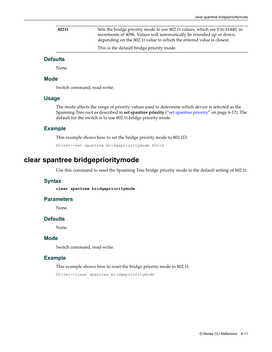 Clear spantree bridgeprioritymode, Clear spantree bridgeprioritymode -11 | Enterasys Networks Enterasys D2 D2G124-12P User Manual | Page 203 / 496