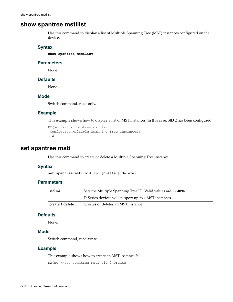 Show spantree mstilist, Set spantree msti, Show spantree mstilist -12 set spantree msti -12 | Enterasys Networks Enterasys D2 D2G124-12P User Manual | Page 204 / 496