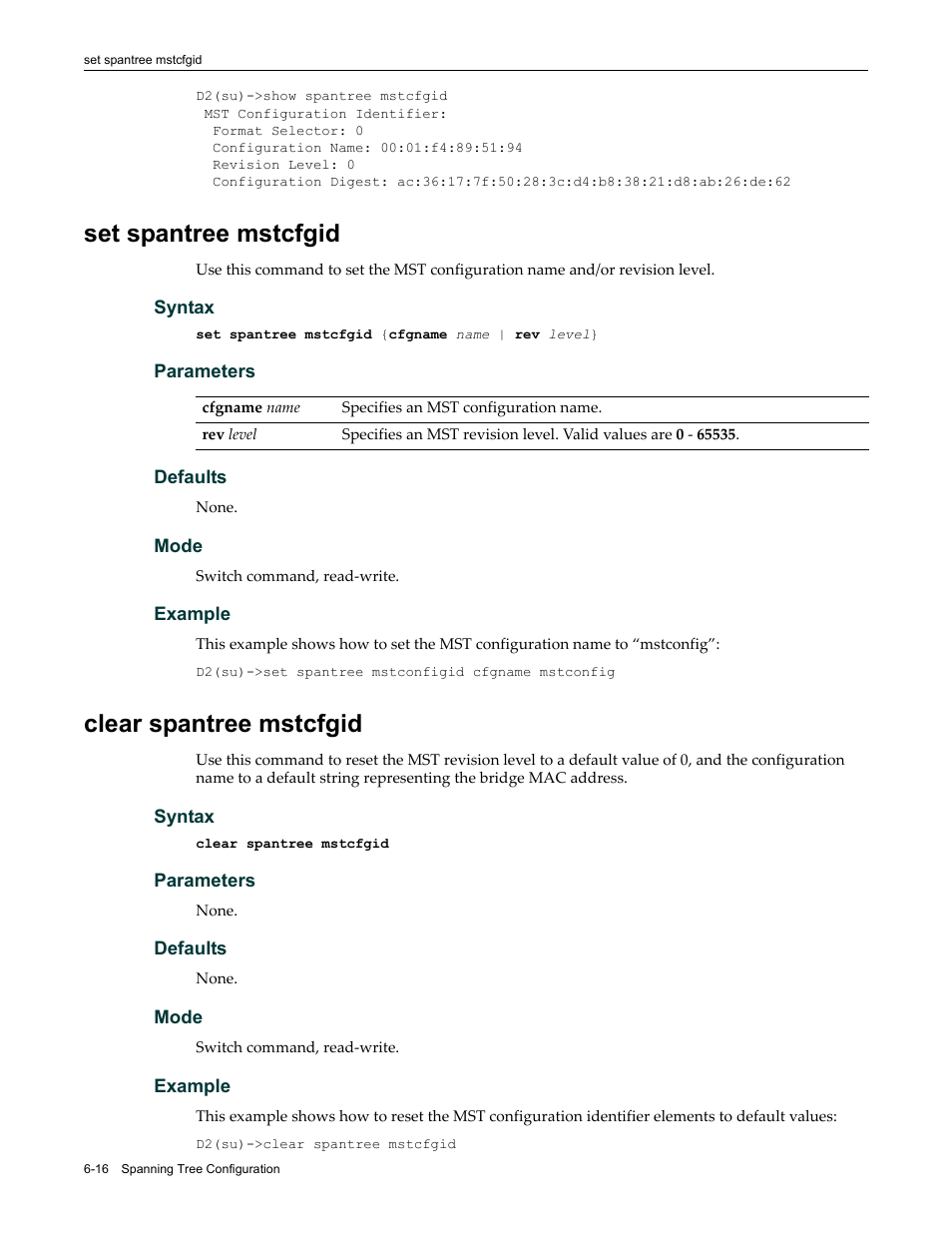 Set spantree mstcfgid, Clear spantree mstcfgid | Enterasys Networks Enterasys D2 D2G124-12P User Manual | Page 208 / 496