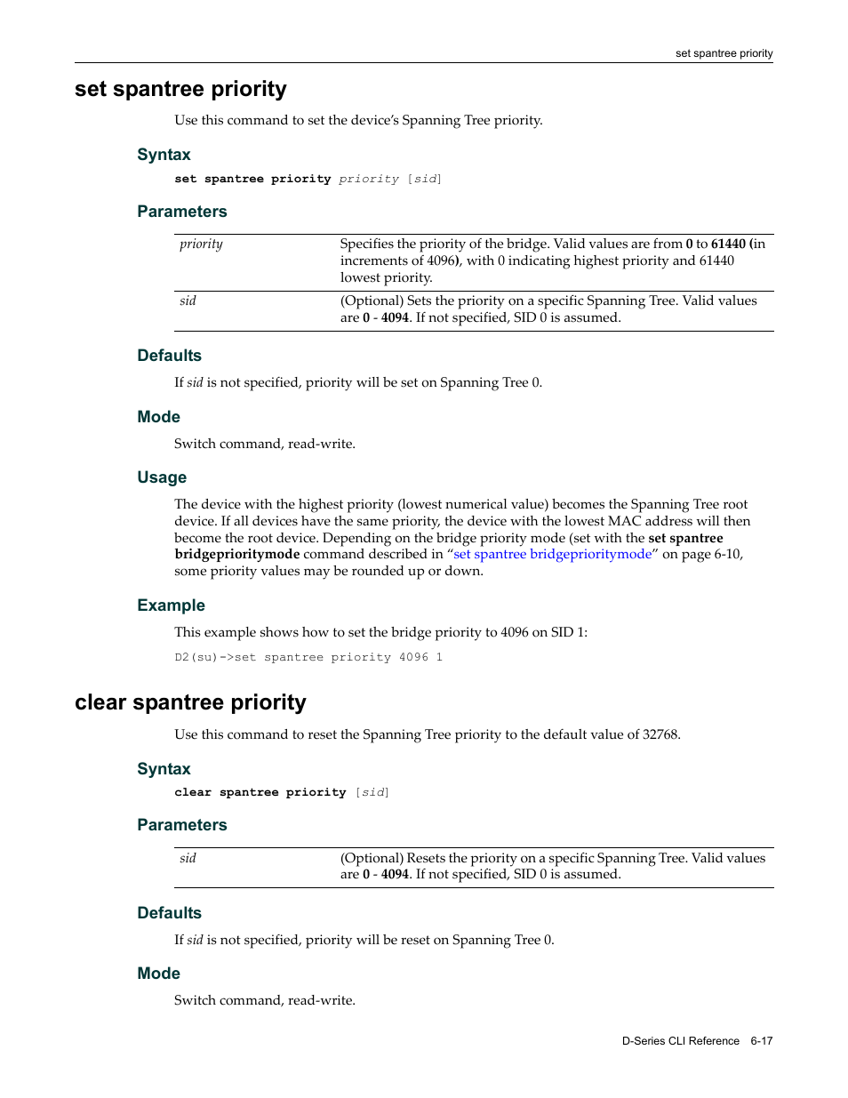 Set spantree priority, Clear spantree priority | Enterasys Networks Enterasys D2 D2G124-12P User Manual | Page 209 / 496