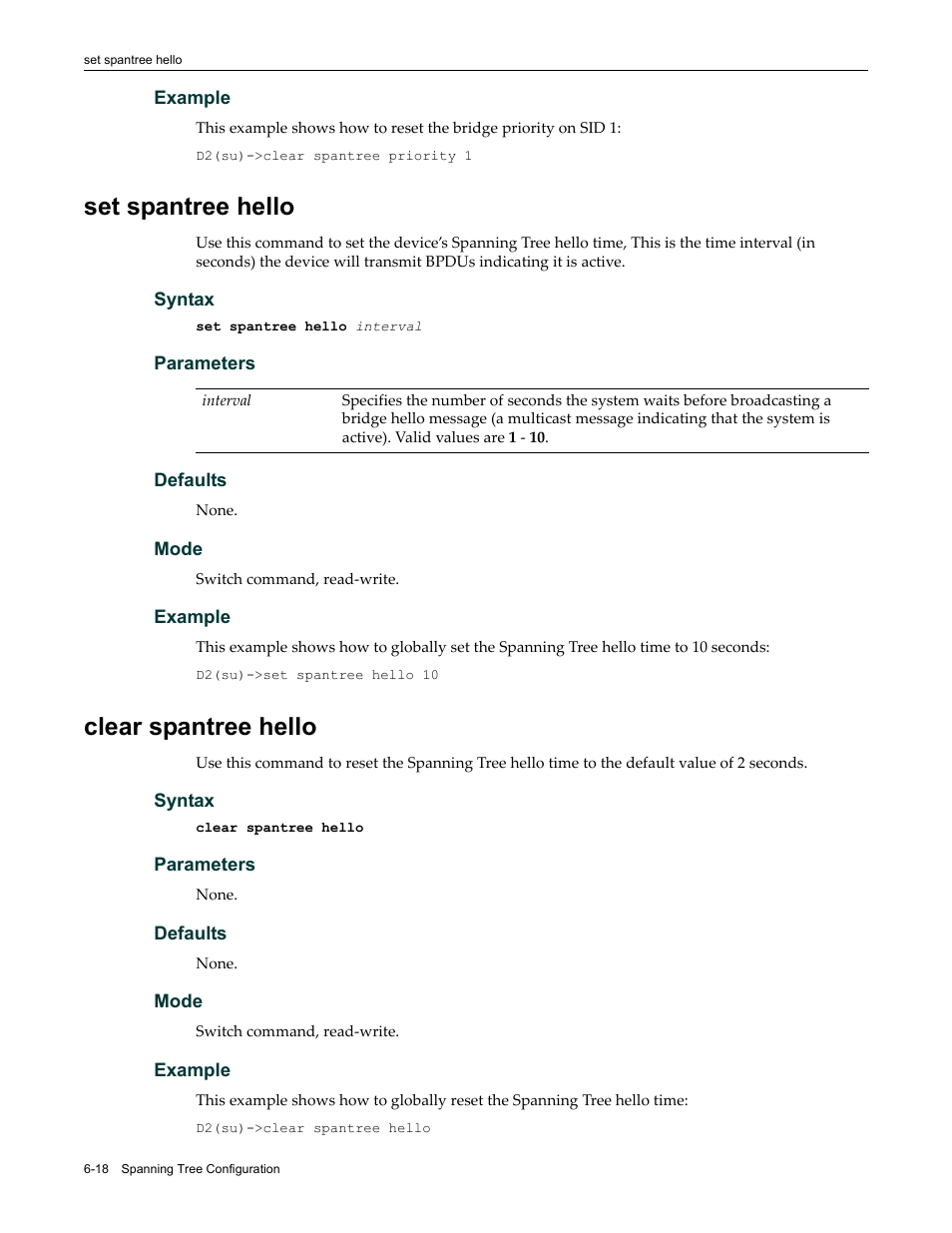 Set spantree hello, Clear spantree hello, Set spantree hello -18 clear spantree hello -18 | Refer to | Enterasys Networks Enterasys D2 D2G124-12P User Manual | Page 210 / 496