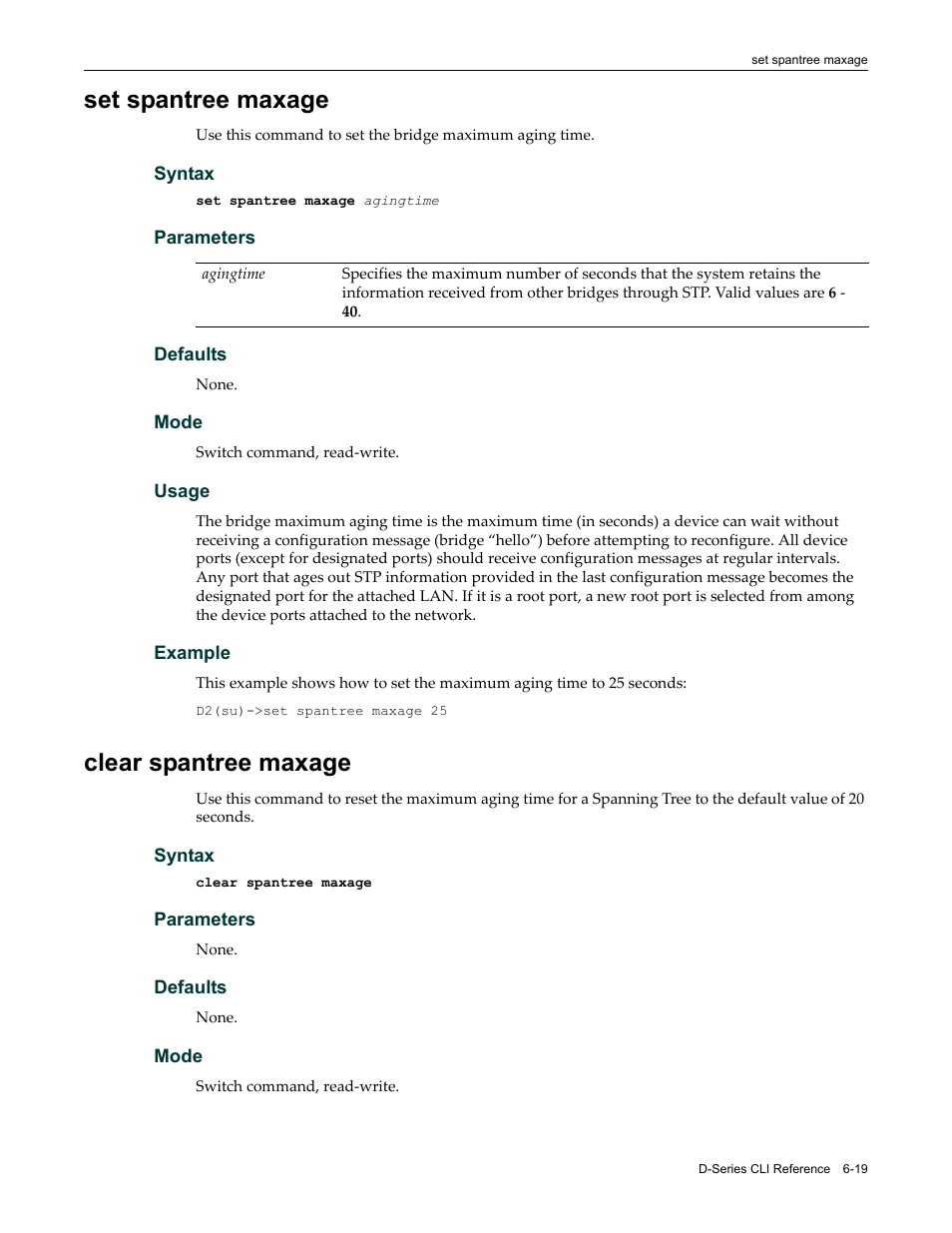 Set spantree maxage, Clear spantree maxage, Set spantree maxage -19 clear spantree maxage -19 | Enterasys Networks Enterasys D2 D2G124-12P User Manual | Page 211 / 496