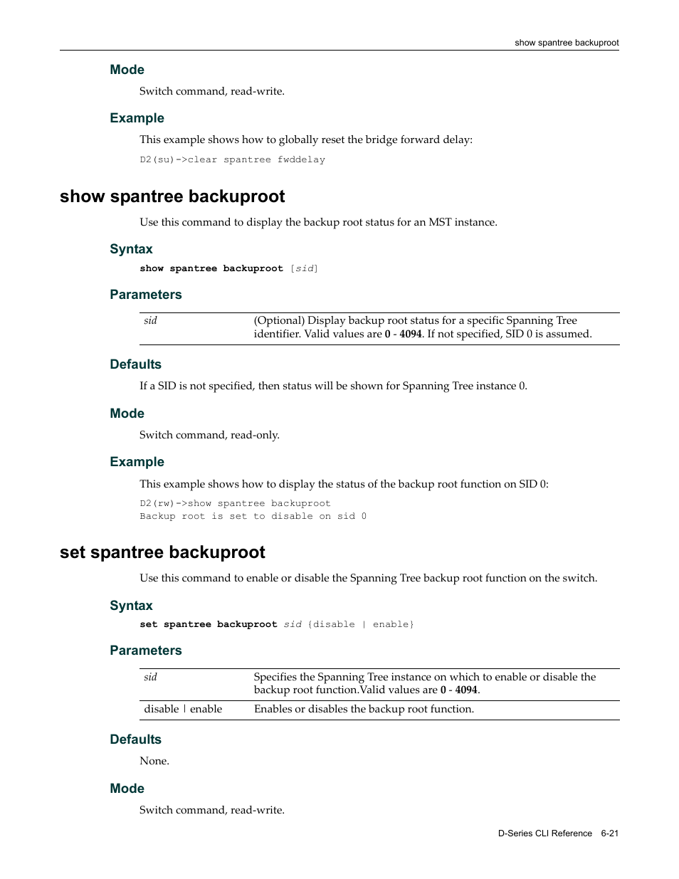 Show spantree backuproot, Set spantree backuproot | Enterasys Networks Enterasys D2 D2G124-12P User Manual | Page 213 / 496