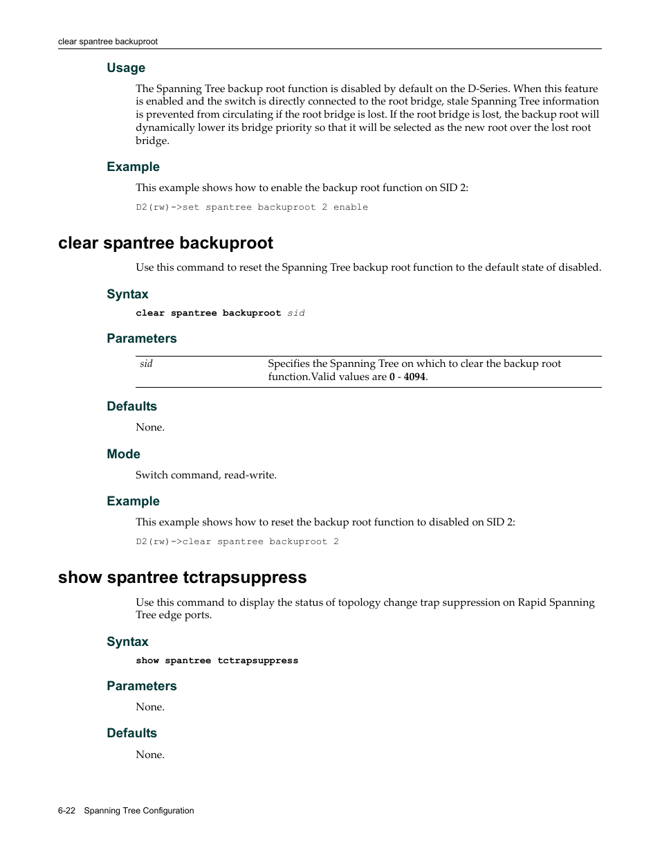 Clear spantree backuproot, Show spantree tctrapsuppress | Enterasys Networks Enterasys D2 D2G124-12P User Manual | Page 214 / 496