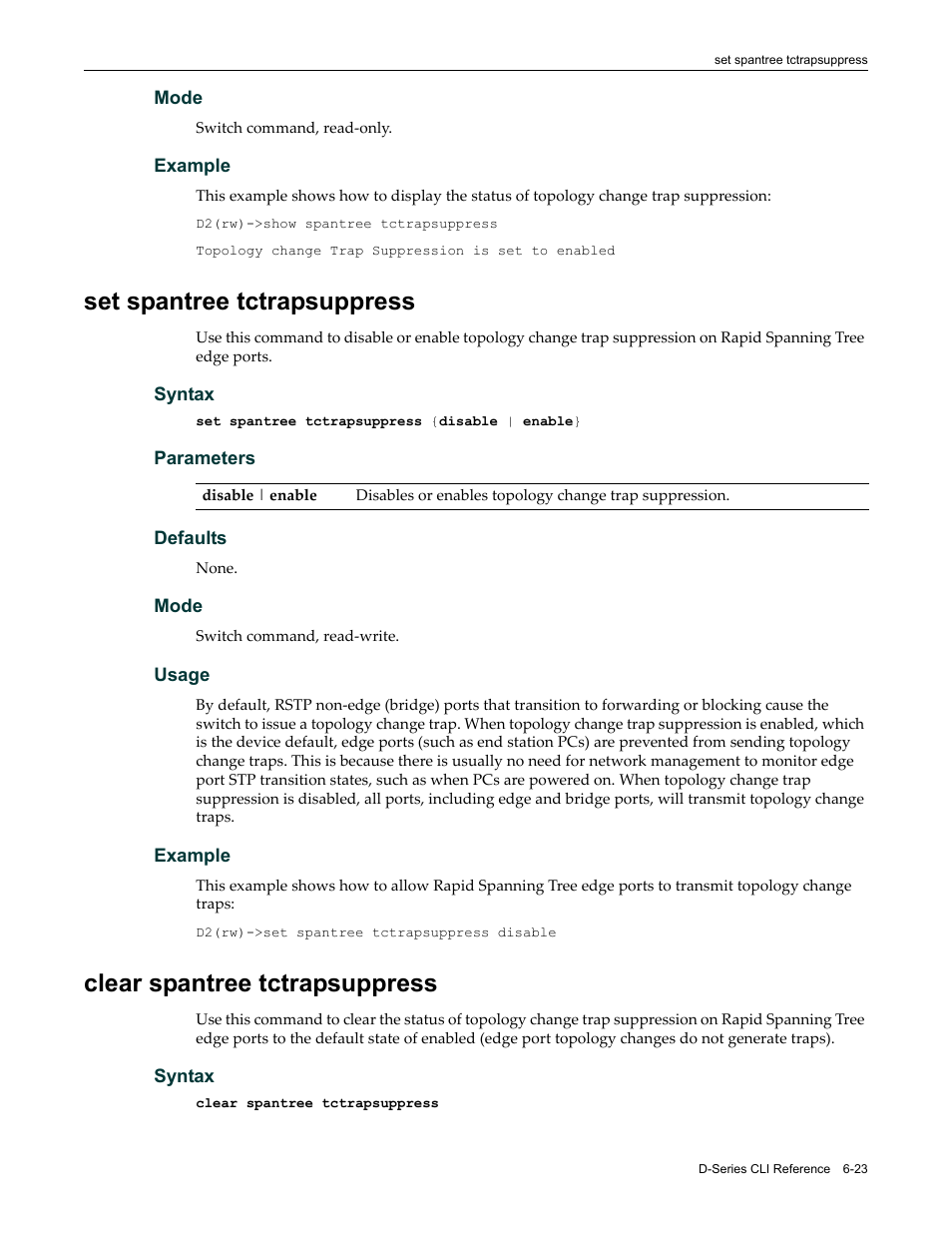 Set spantree tctrapsuppress, Clear spantree tctrapsuppress | Enterasys Networks Enterasys D2 D2G124-12P User Manual | Page 215 / 496