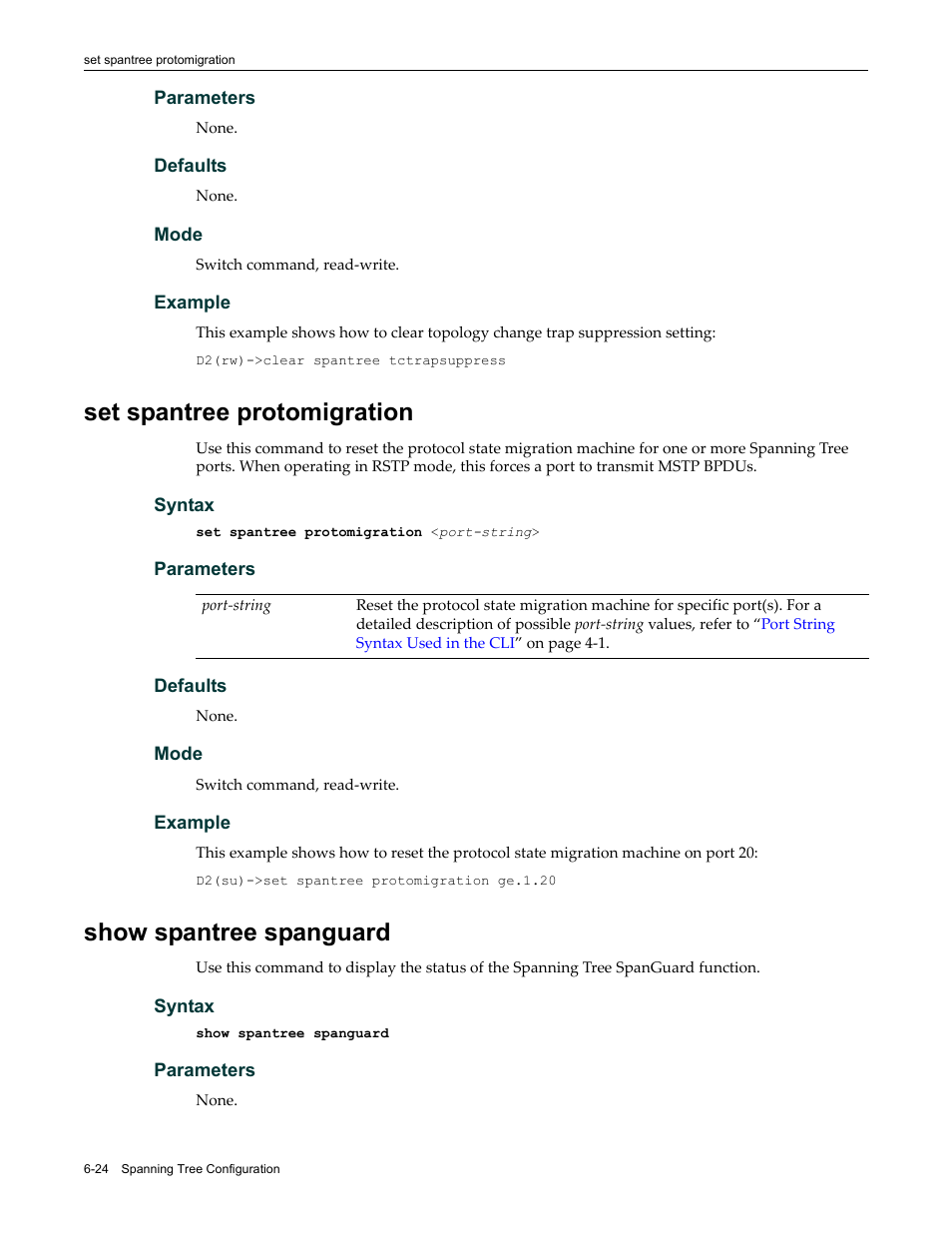 Set spantree protomigration, Show spantree spanguard | Enterasys Networks Enterasys D2 D2G124-12P User Manual | Page 216 / 496