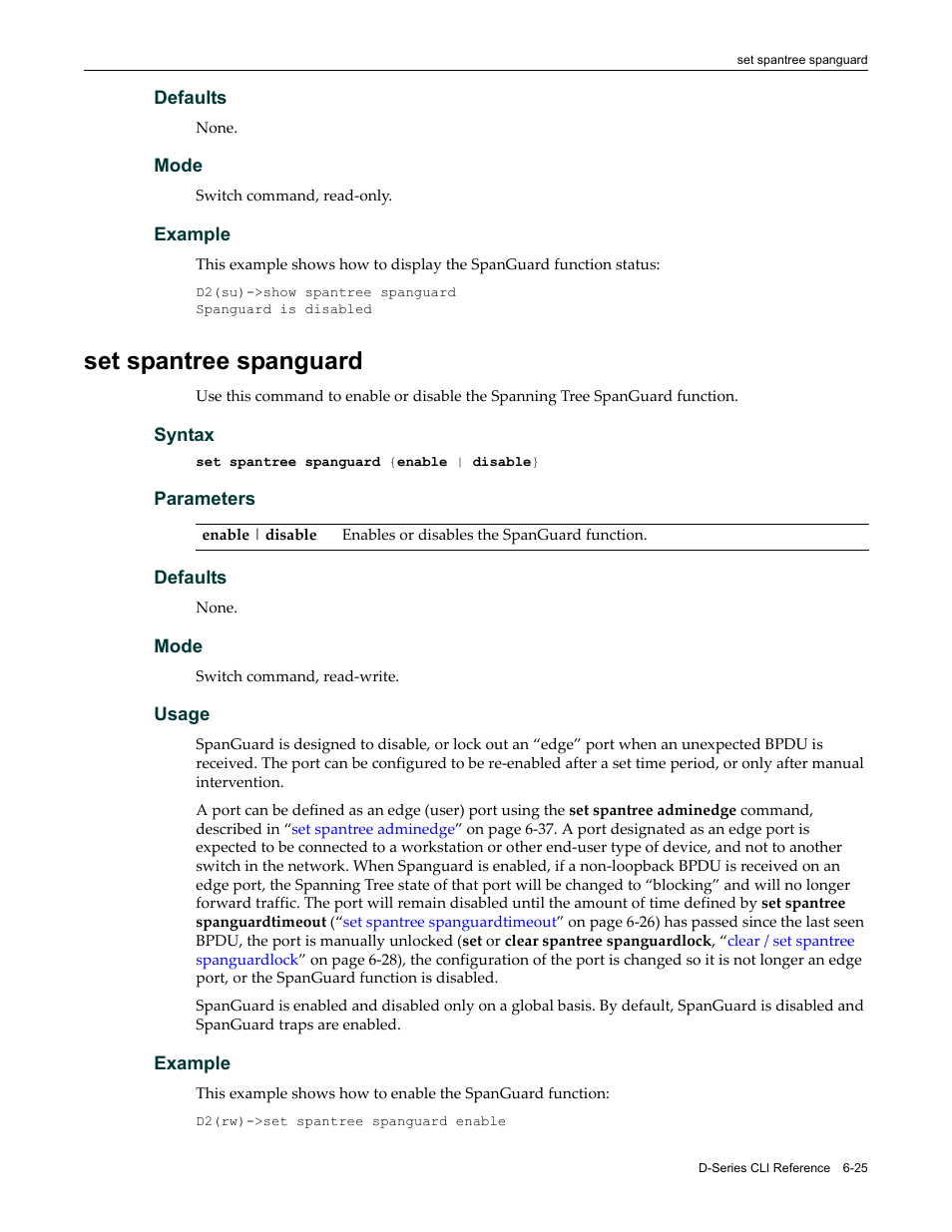 Set spantree spanguard, Set spantree spanguard -25 | Enterasys Networks Enterasys D2 D2G124-12P User Manual | Page 217 / 496