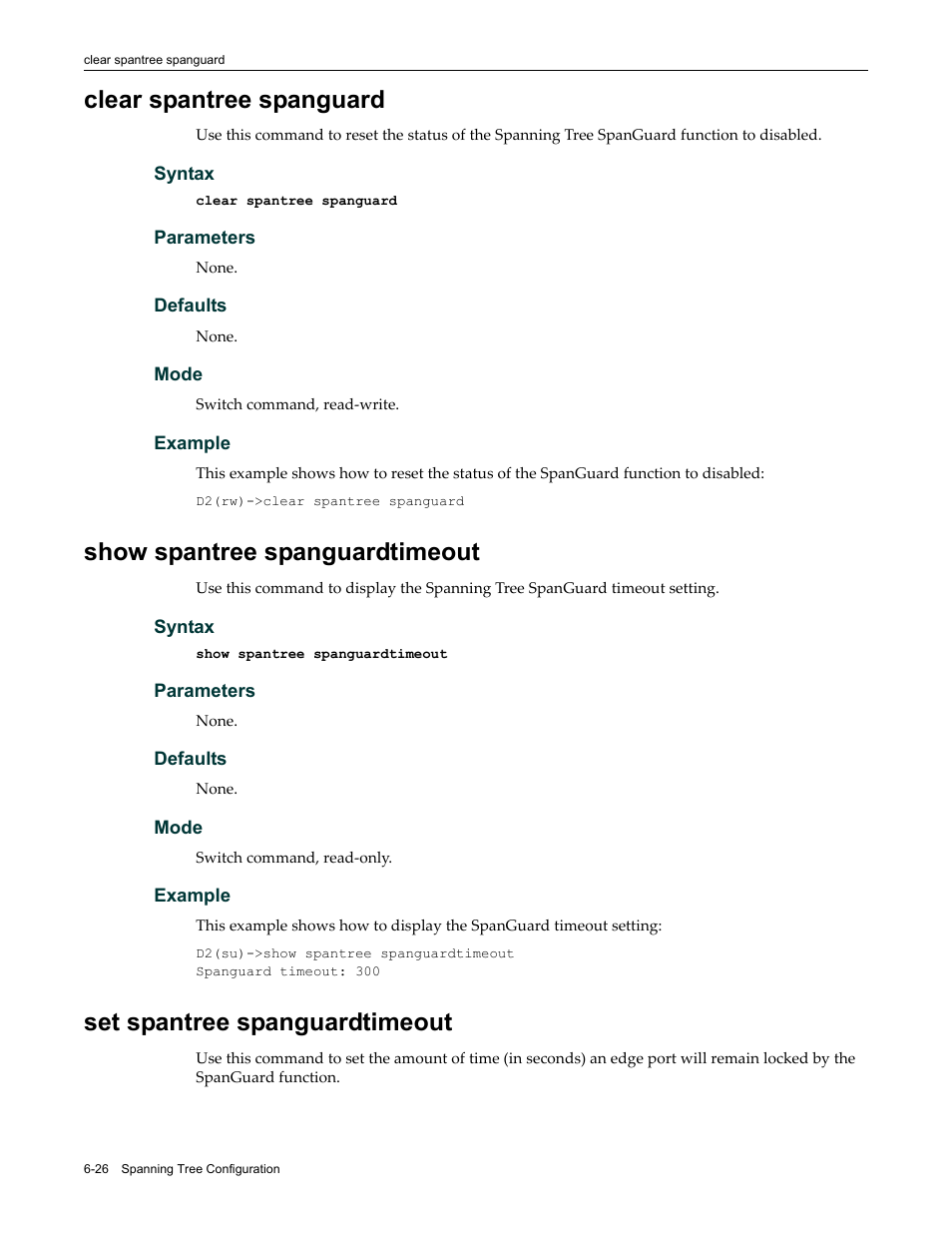 Clear spantree spanguard, Show spantree spanguardtimeout, Set spantree spanguardtimeout | Enterasys Networks Enterasys D2 D2G124-12P User Manual | Page 218 / 496