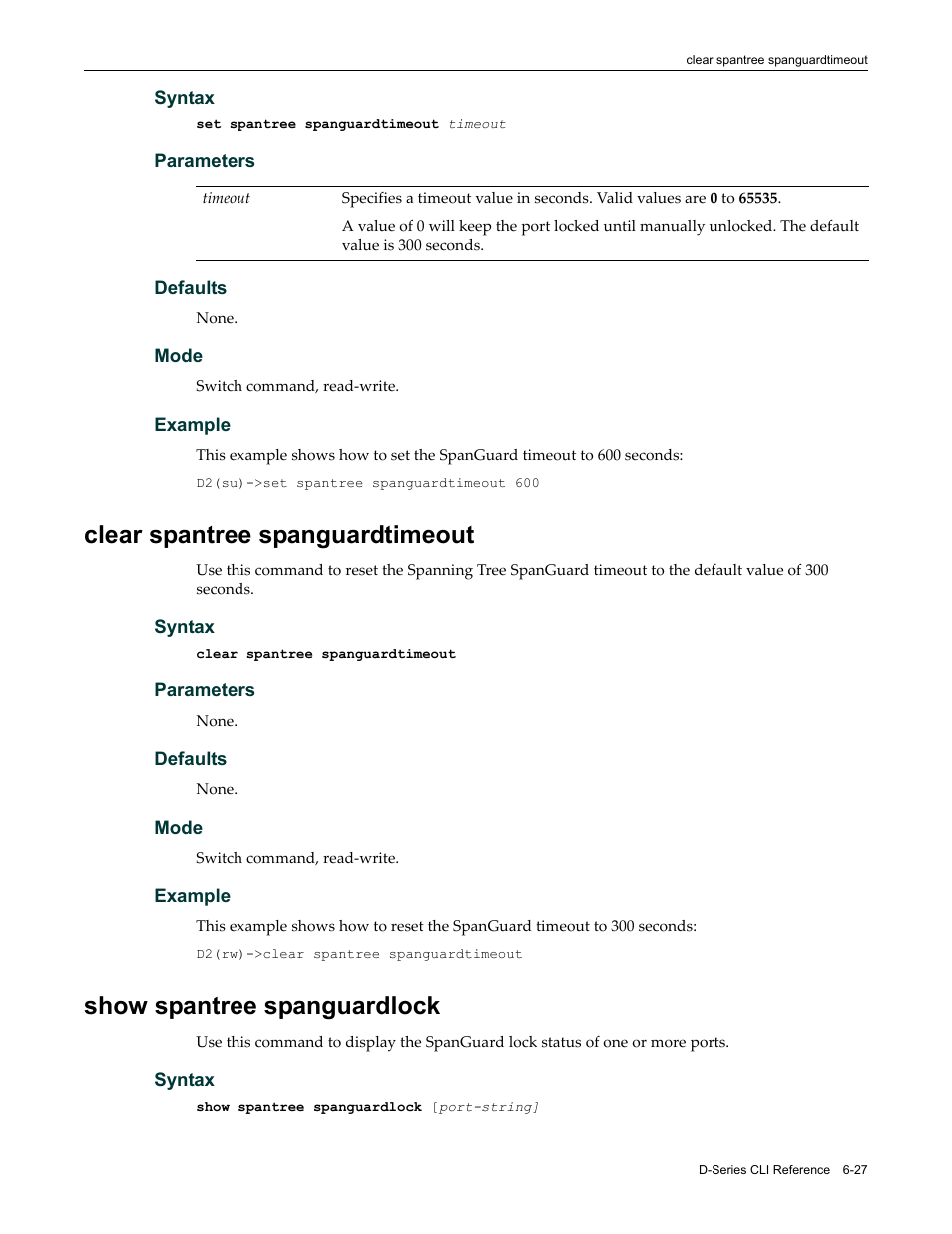 Clear spantree spanguardtimeout, Show spantree spanguardlock | Enterasys Networks Enterasys D2 D2G124-12P User Manual | Page 219 / 496