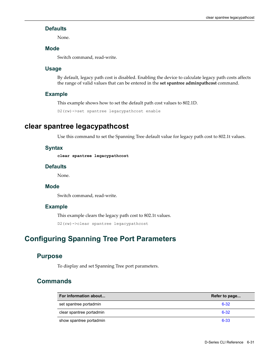 Clear spantree legacypathcost, Configuring spanning tree port parameters, Purpose | Commands, Clear spantree legacypathcost -31, Configuring spanning tree port parameters -31, Purpose -31 commands -31 | Enterasys Networks Enterasys D2 D2G124-12P User Manual | Page 223 / 496