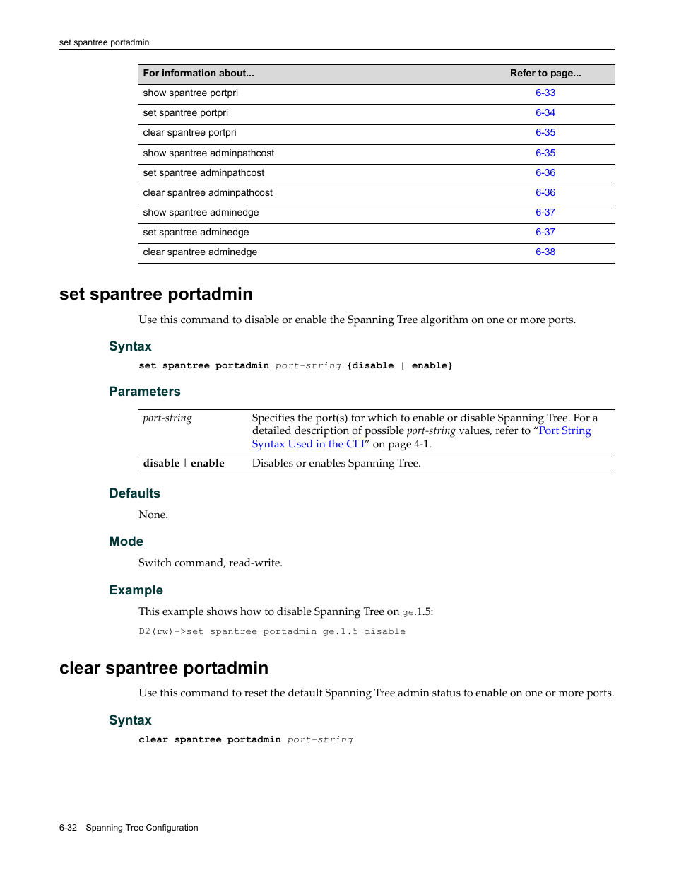 Set spantree portadmin, Clear spantree portadmin | Enterasys Networks Enterasys D2 D2G124-12P User Manual | Page 224 / 496