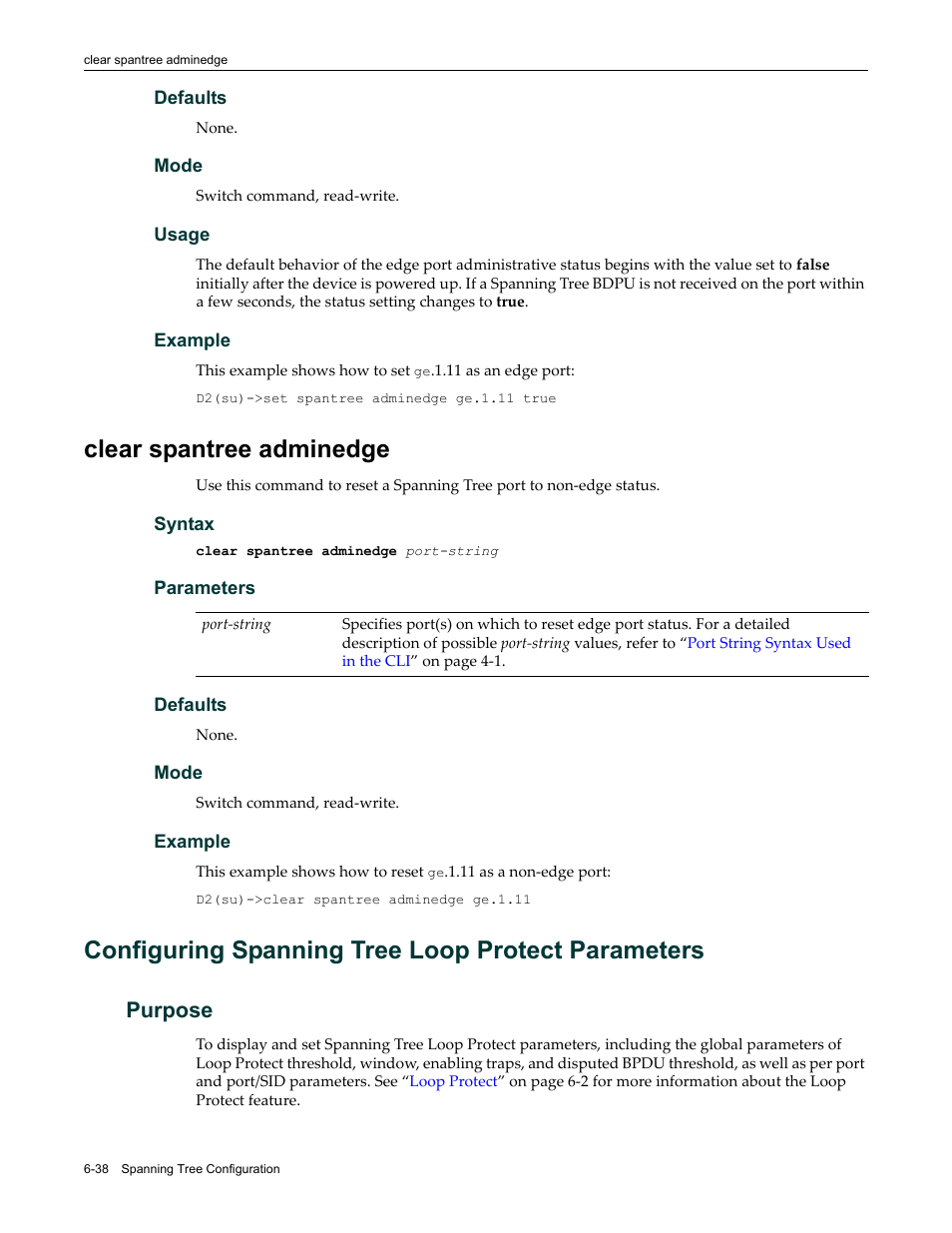 Clear spantree adminedge, Configuring spanning tree loop protect parameters, Purpose | Clear spantree adminedge -38, Purpose -38 | Enterasys Networks Enterasys D2 D2G124-12P User Manual | Page 230 / 496