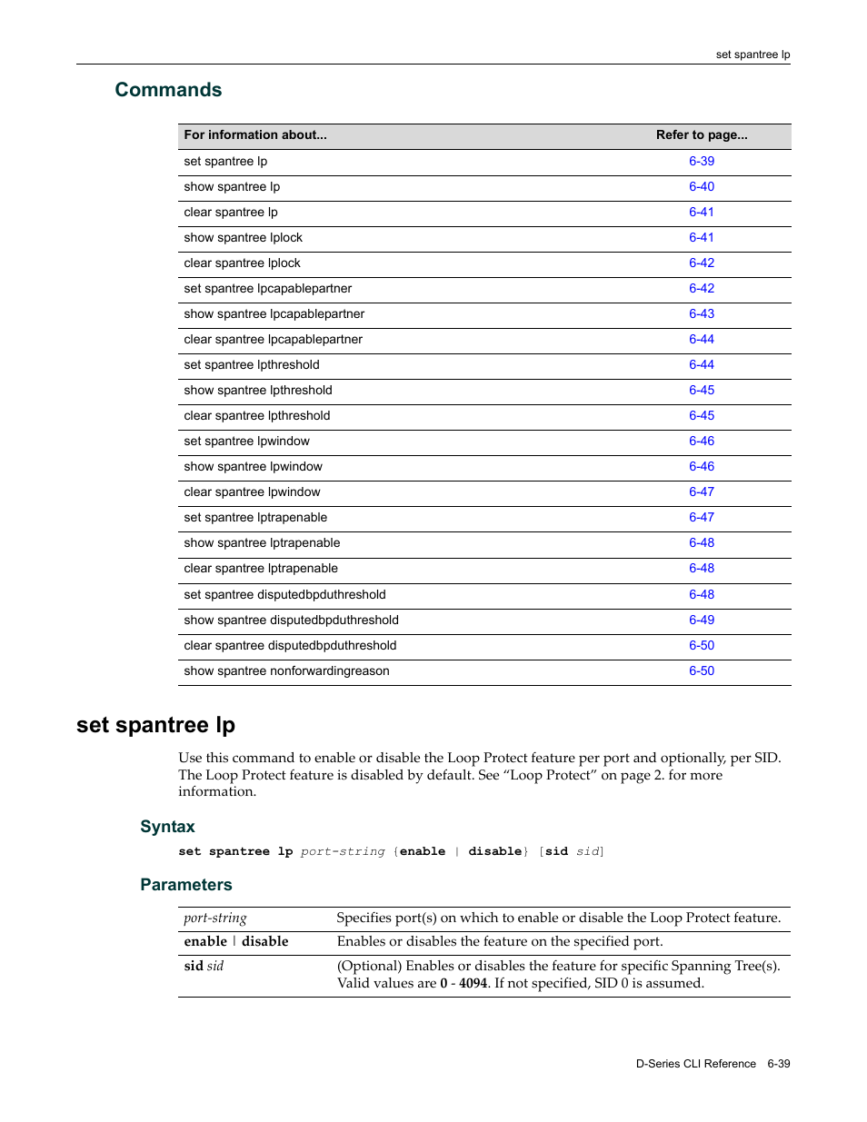 Commands, Set spantree lp, Commands -39 | Set spantree lp -39, Syntax, Parameters | Enterasys Networks Enterasys D2 D2G124-12P User Manual | Page 231 / 496