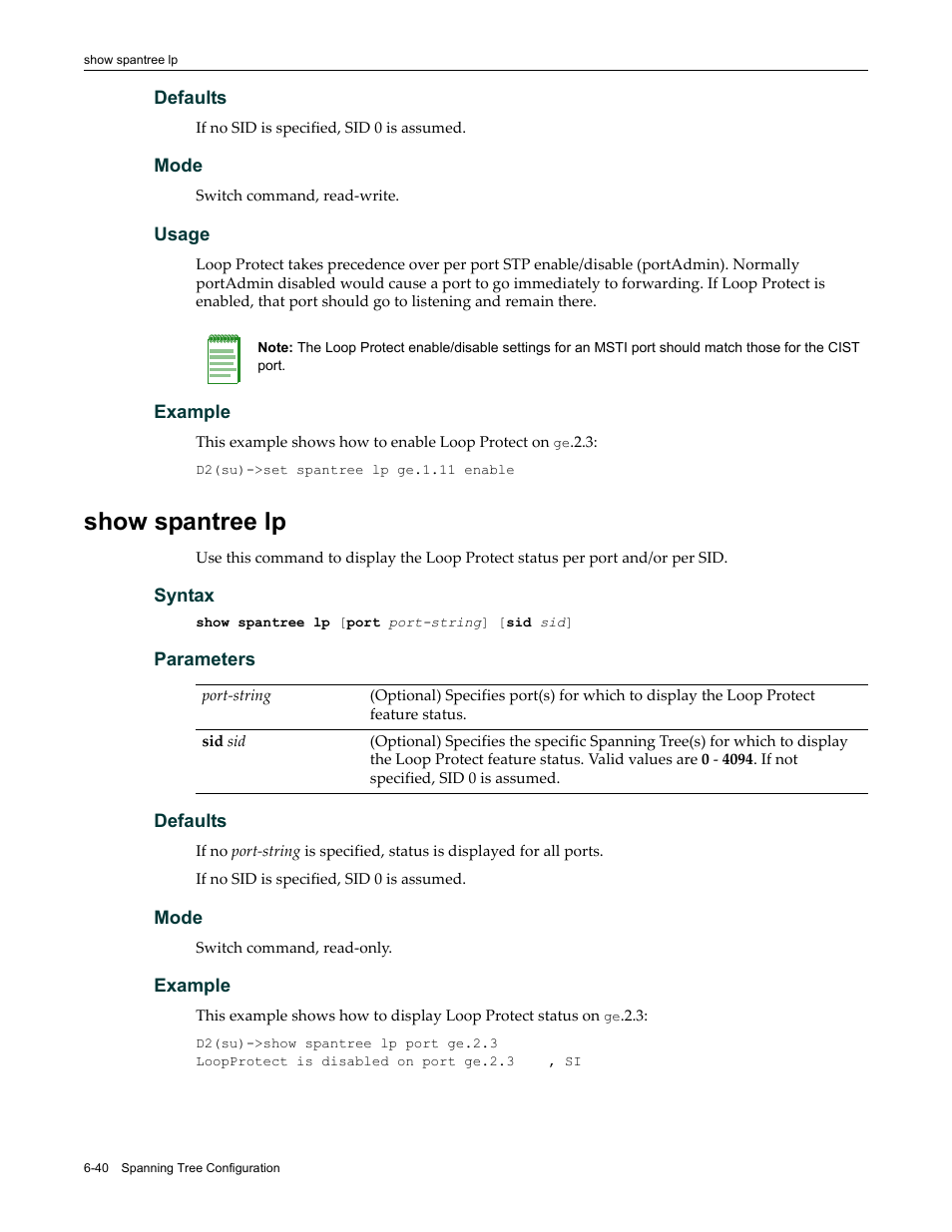 Show spantree lp, Show spantree lp -40 | Enterasys Networks Enterasys D2 D2G124-12P User Manual | Page 232 / 496