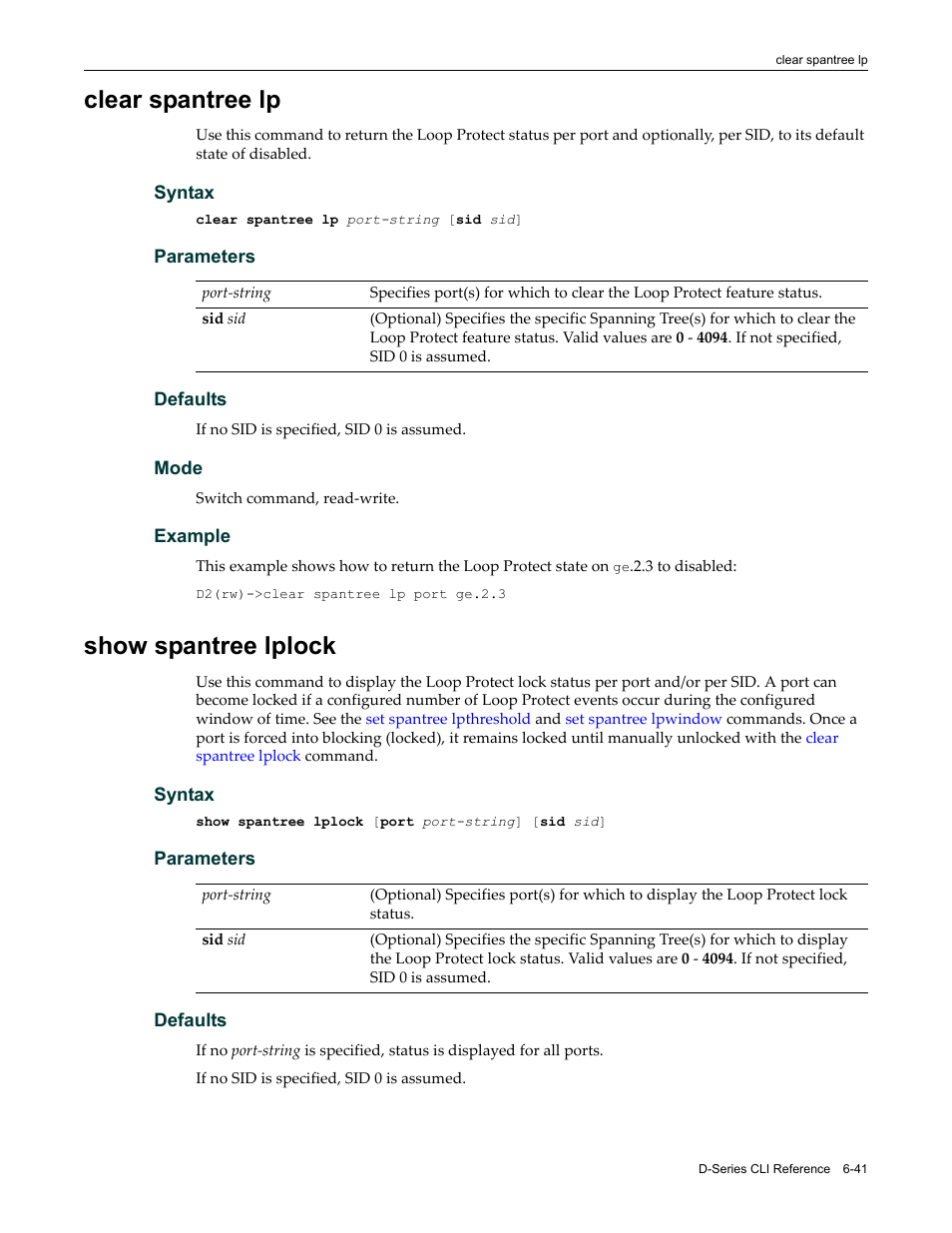 Clear spantree lp, Show spantree lplock, Clear spantree lp -41 show spantree lplock -41 | Enterasys Networks Enterasys D2 D2G124-12P User Manual | Page 233 / 496