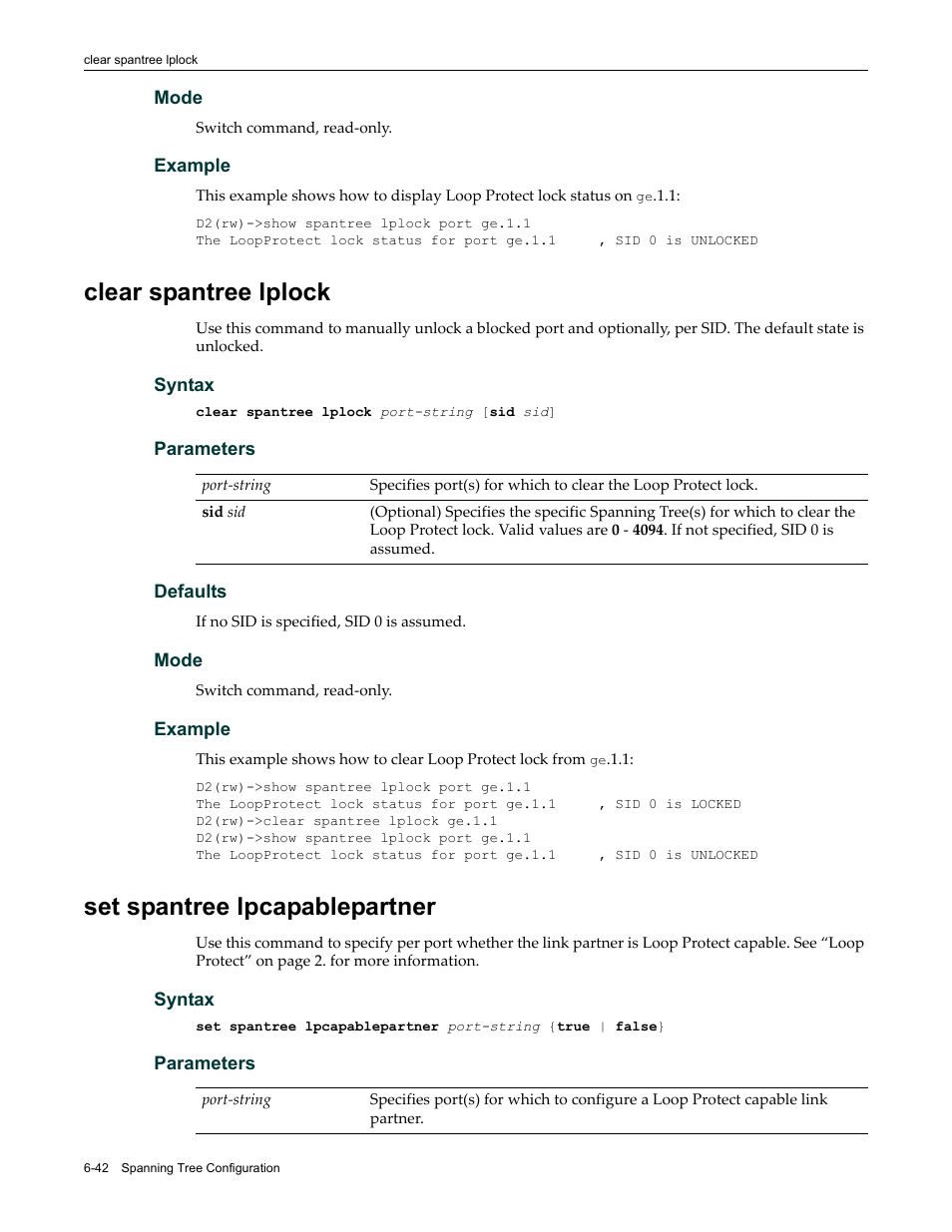 Clear spantree lplock, Set spantree lpcapablepartner, Clear | Spantree lplock | Enterasys Networks Enterasys D2 D2G124-12P User Manual | Page 234 / 496